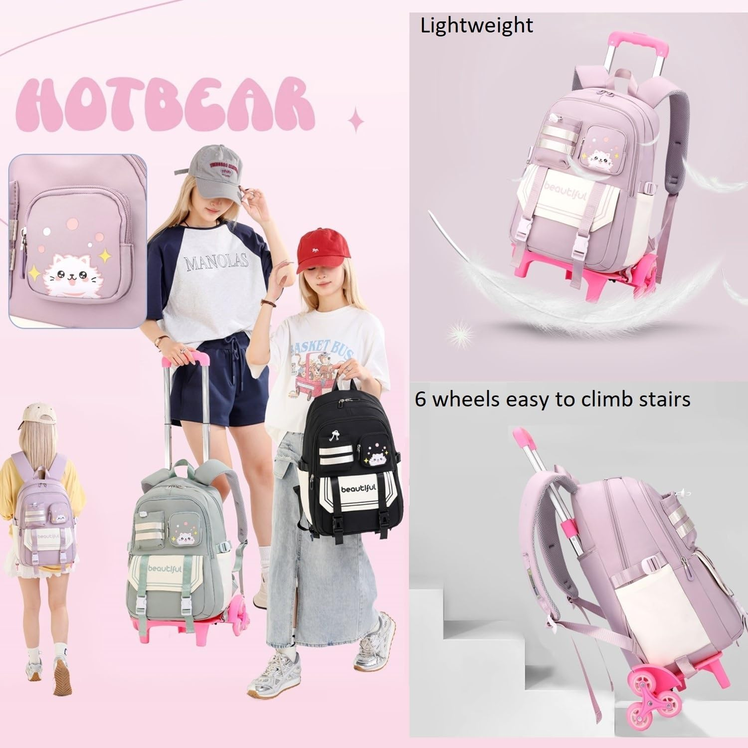 ETAISHOW Cat Print Rolling Backpack for Girls Kids Backpack with Wheels Roller Bookbag Trolley School Bag Wheeled Bag image number 2