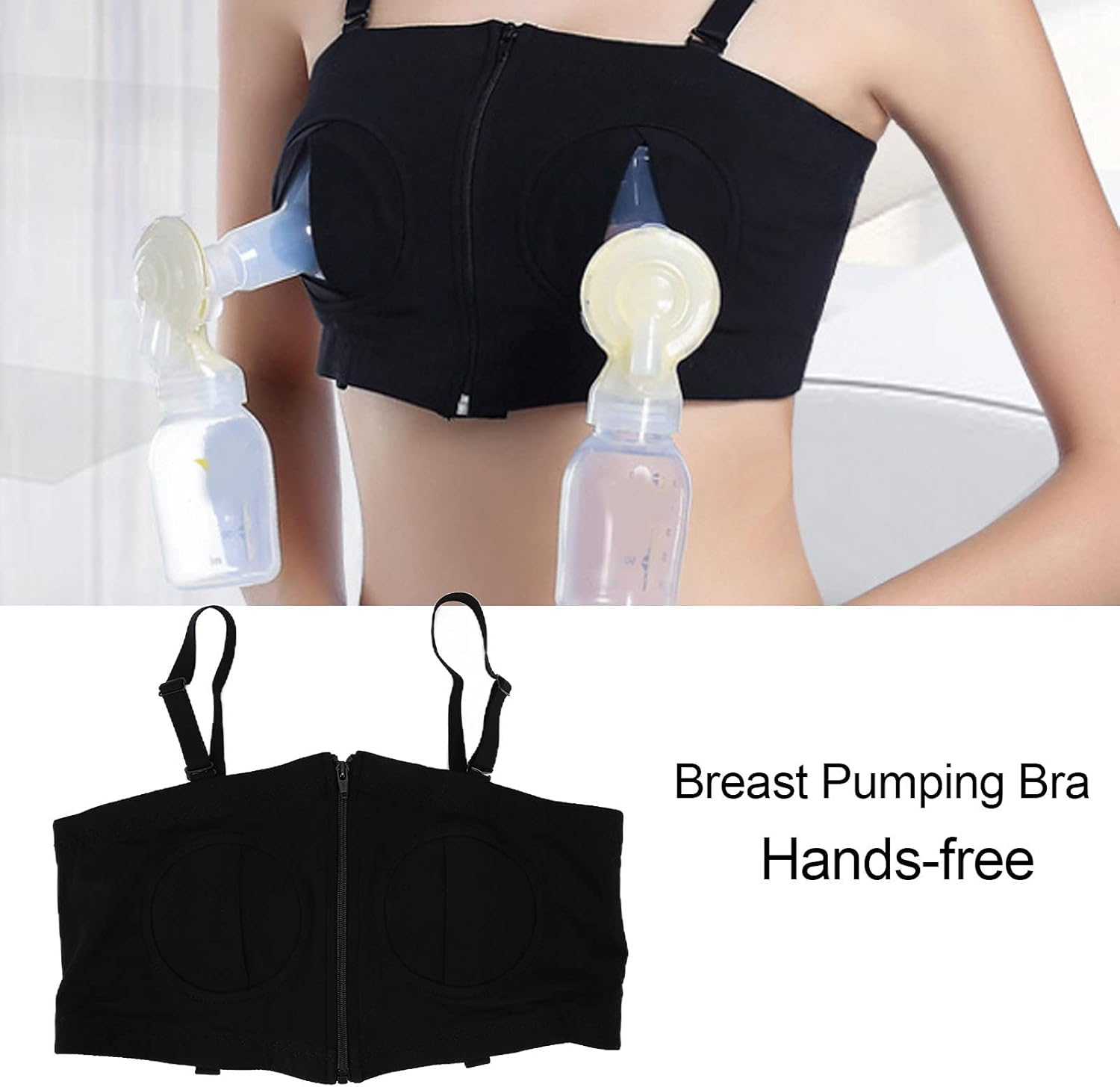 Breast Pumping Bra, Adjustable Nursing Bra with Front Zipper, Hook & Loop Design, No Steel Ring, Cotton Material, Use in Multiple Scenarios for Women (Uniform Size) image number 2