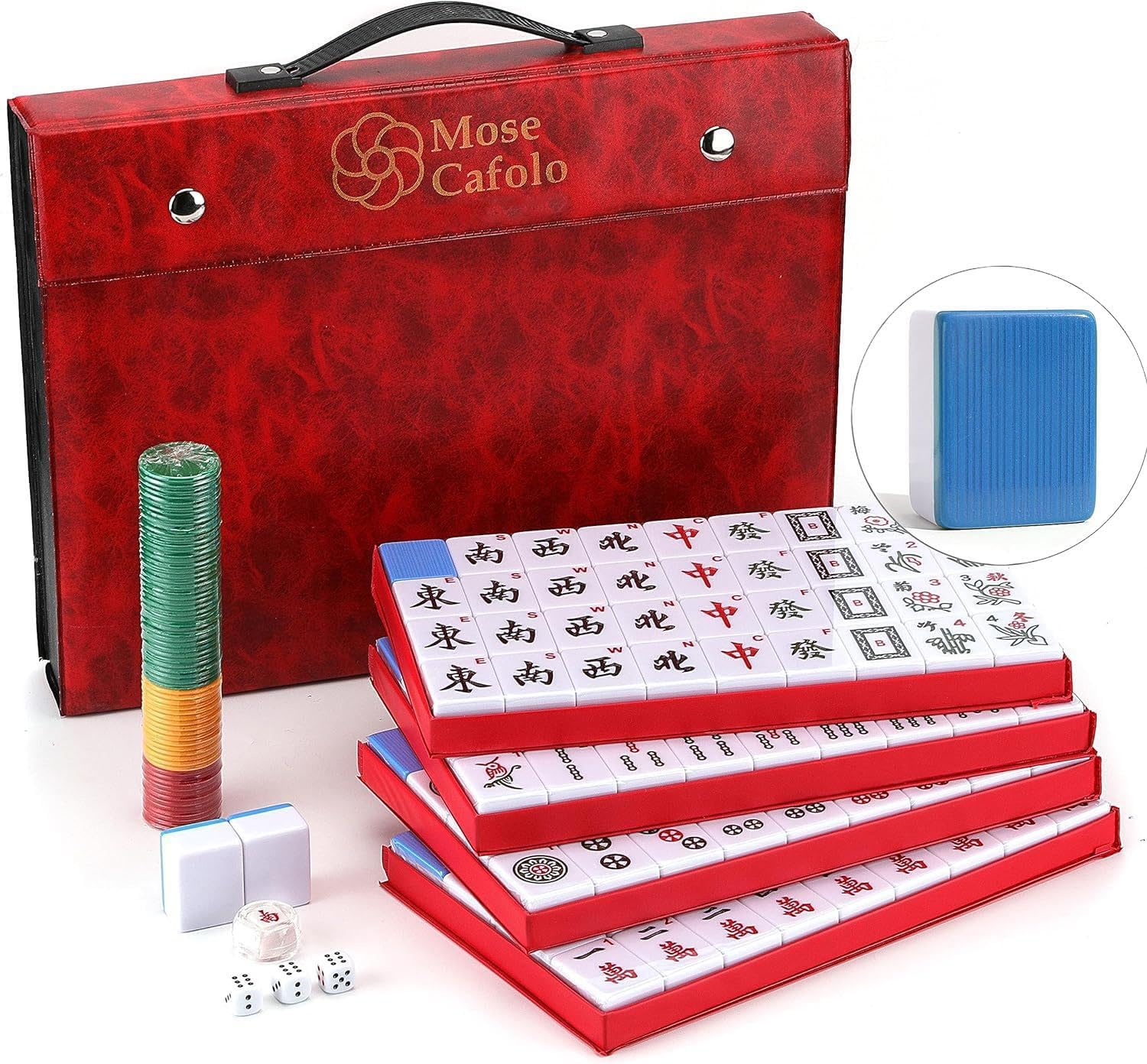 Mose Cafolo Professional Chinese Mahjong Set 144 Numbered Melamine Large Size Tile with Carrying Travel Case, English Instraction, Complete Mahjong Game Set (Majiang, Mah-Jongg, Maj Jongg, Ma Jong)