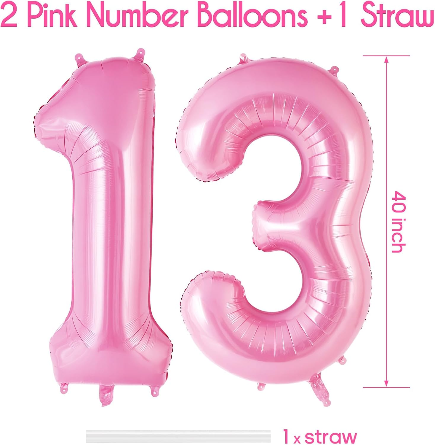 Pink Number 13 Balloon, 40 Inch Big Large Foil Helium Number Balloons, Giant Mylar Number 13 Balloons for 13 Years Old Birthday Party Decorations Supplies Anniversary
