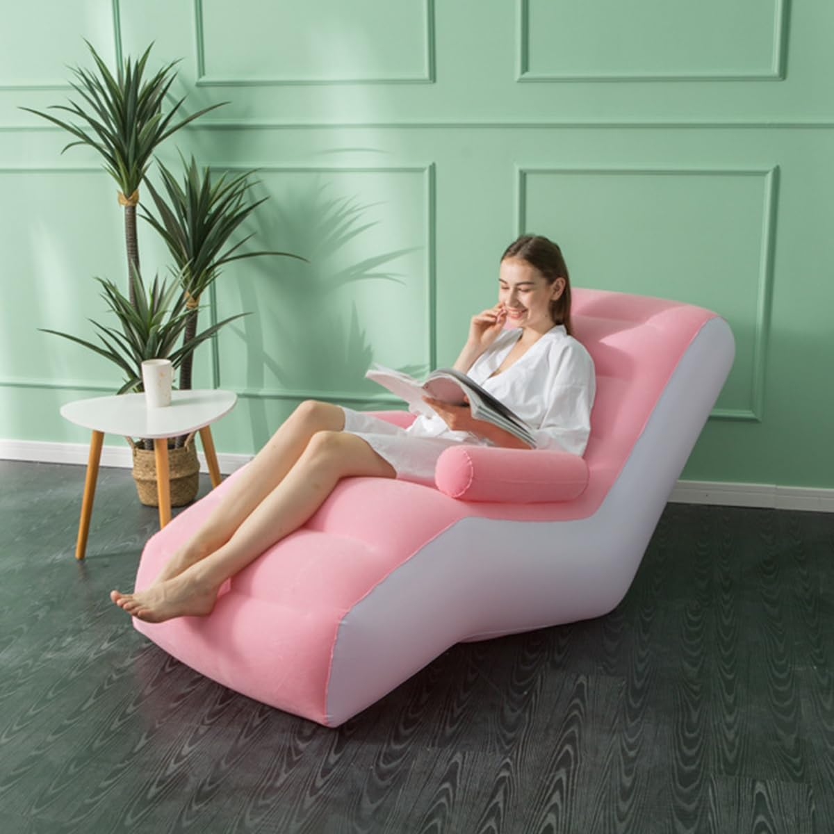 AIMALL S-Shaped Inflatable Recliner Sofa Chair for Adults, Pink Flocking PVC Blow up Lounger for Home, Office, Nap, Relaxation, 33.46In X 55.11In X 31.49In image number 4