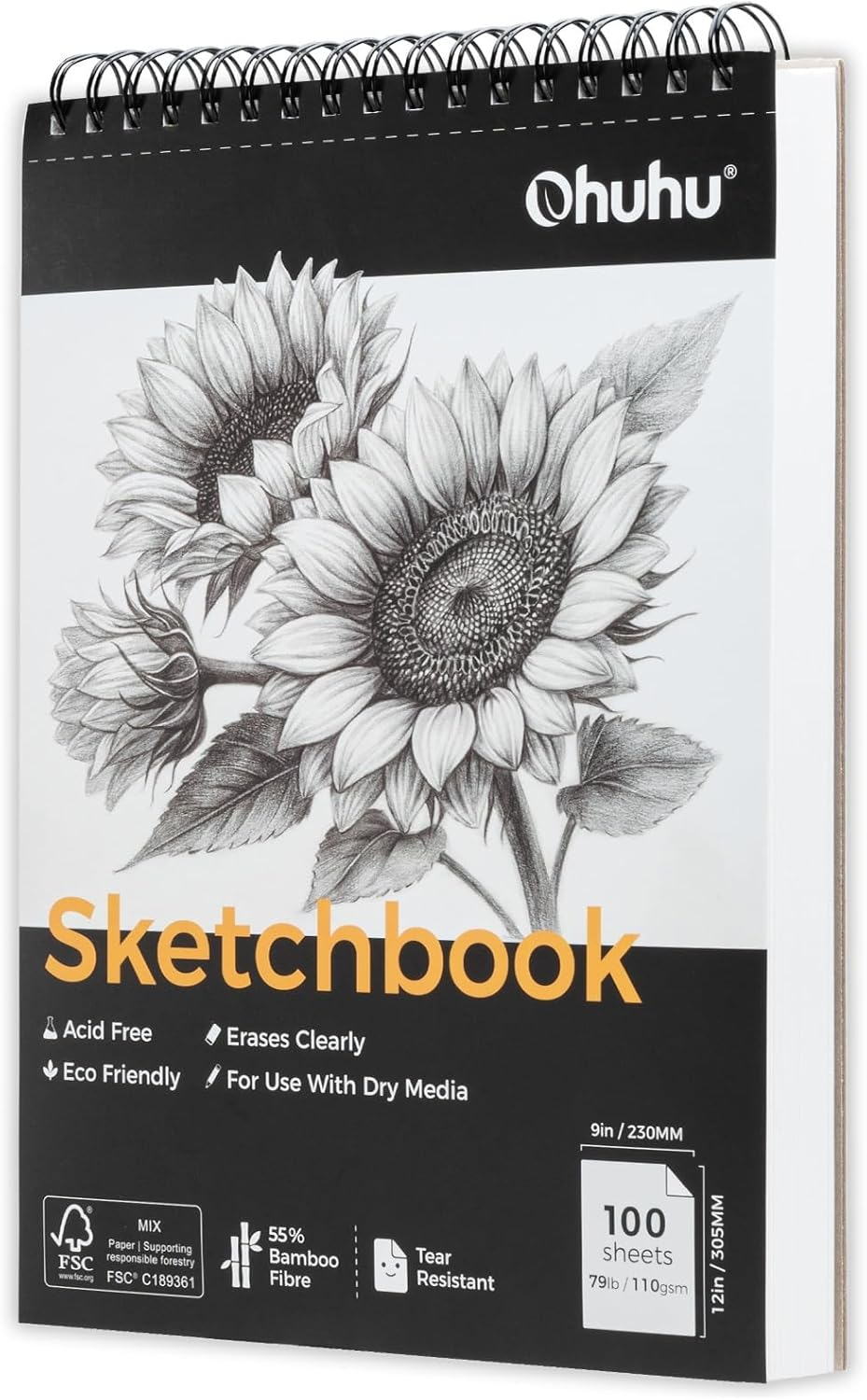 Ohuhu Sketch Book - 230Mm X 305Mm Bamboo Paper Top Spiral Bound Sketch Pad - 100 Sheets Sketching Book (79Lb/110Gsm) - Acid Free Art Sketchbook Drawing Painting Writing Paper image number 2