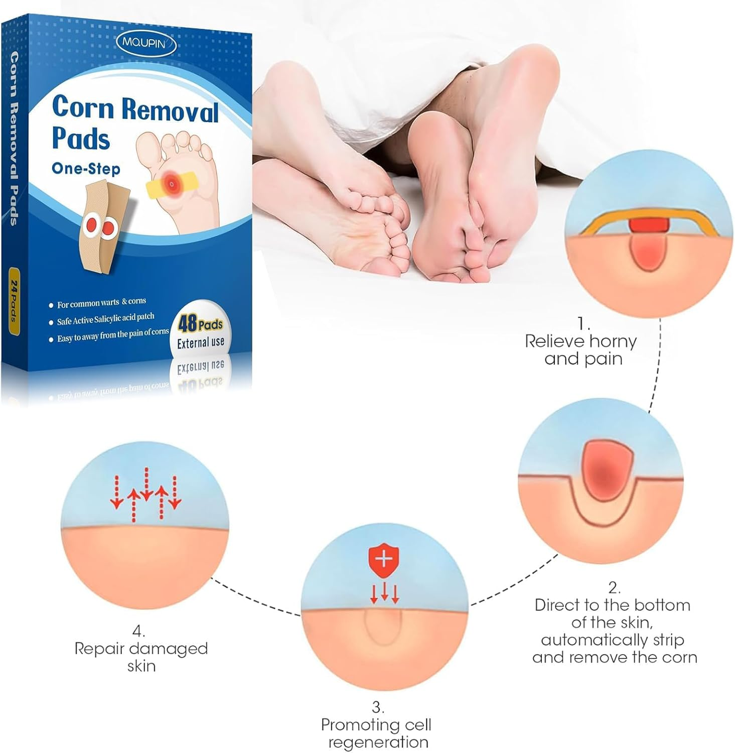 48 Count Corn Removal Pads for Feet and Toe, Corn Feet Remover for Extra Strength, Callous Remover image number 1