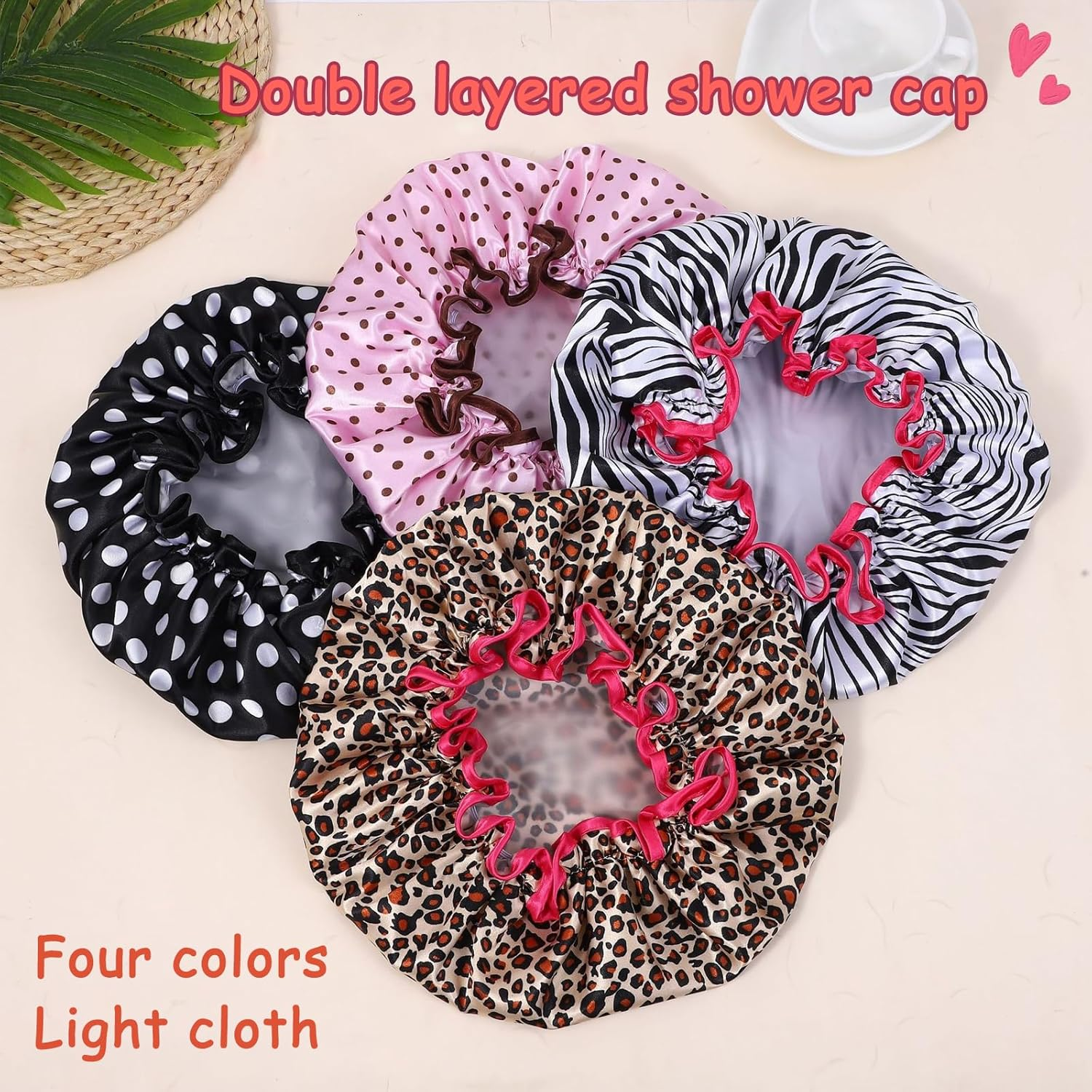 ADSEXY Double-Layer Shower Cap, Animal Print and Polka Dot Patterns, Waterproof, Set of 4 image number 4