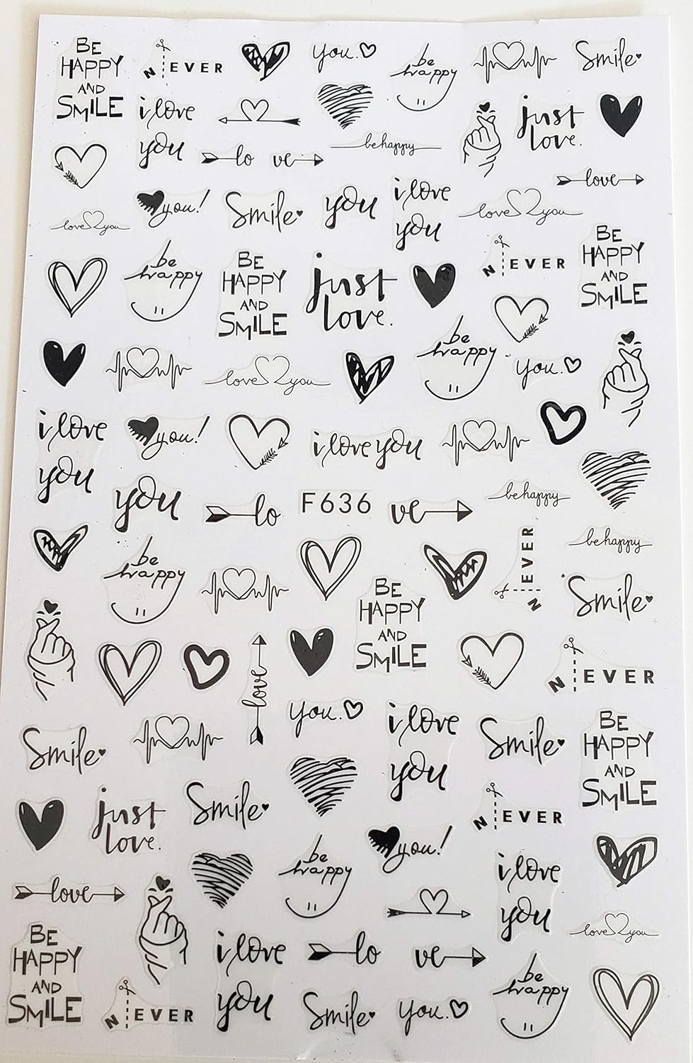 Full Sheet Nail Decals, Great for Valentines Day, Hearts, Smile, Be Happy
