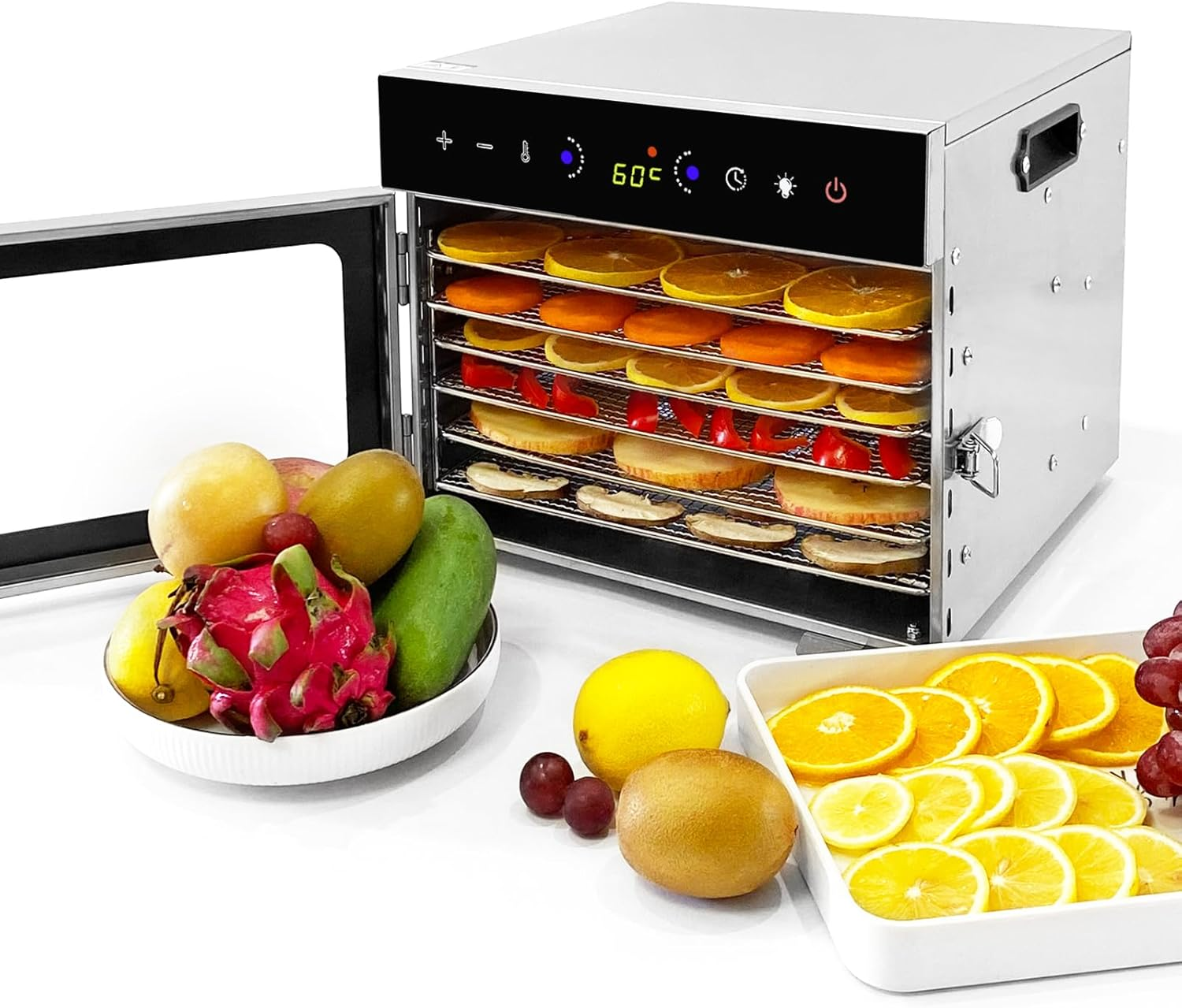 Stainless Steel Food Dehydrator, Oiyocemo 6 Tray Fruit Dryer Machine with Free Recipe Book, Bpa-Free, 30~90℃ Temperature Setting, Max 24H, Dehydrator Food Dryer for Vegetables, Meats, Chili image number 3