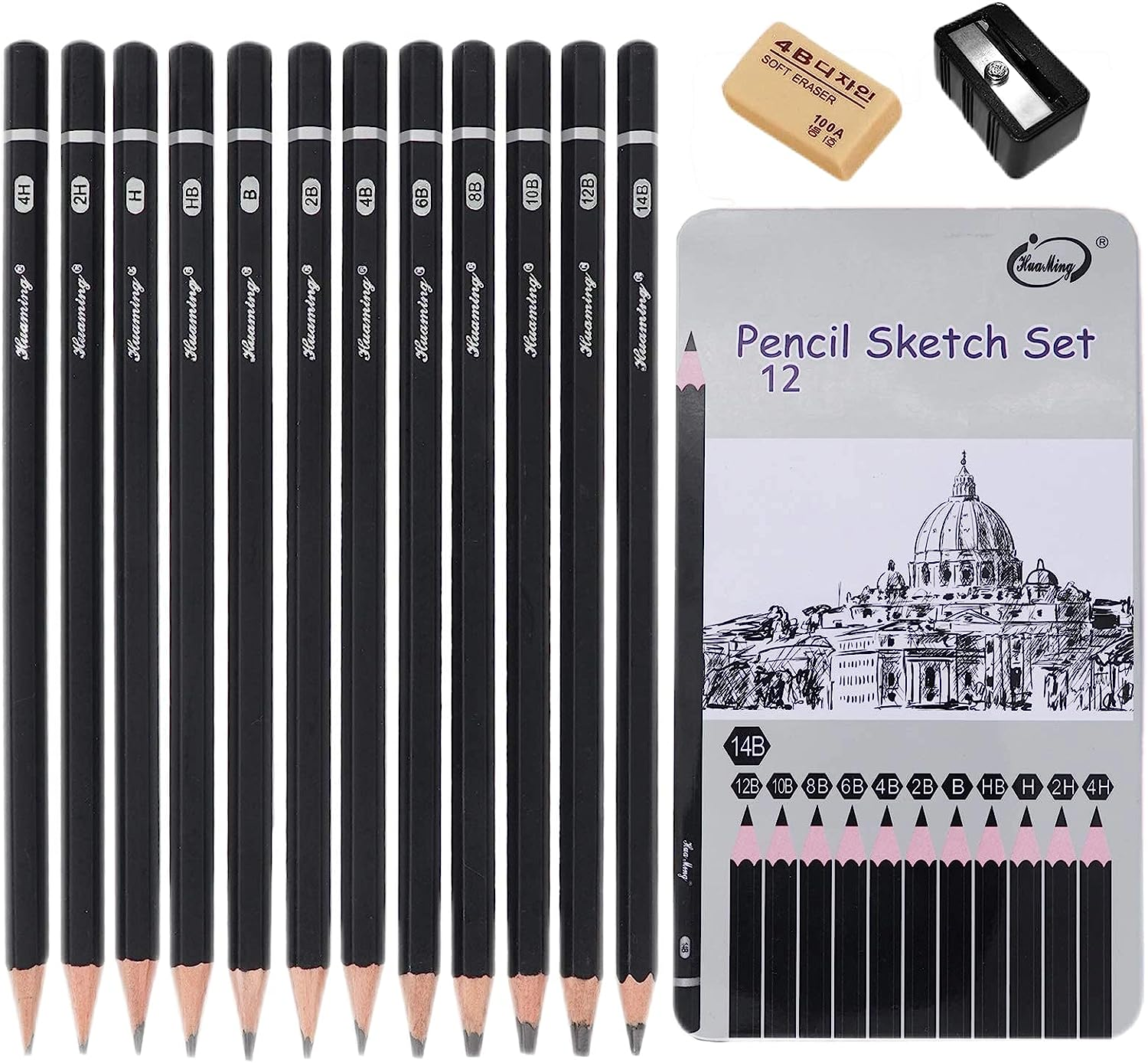MAIHUO 12 Pcs Graphite Pencils Set,Drawing Sketch Pencil Set,Art Set for Adults,Beginner,Profession Sketch Pen,8B,7B,6B,5B,4B,3B,2B,B,Hb,F,H,2H