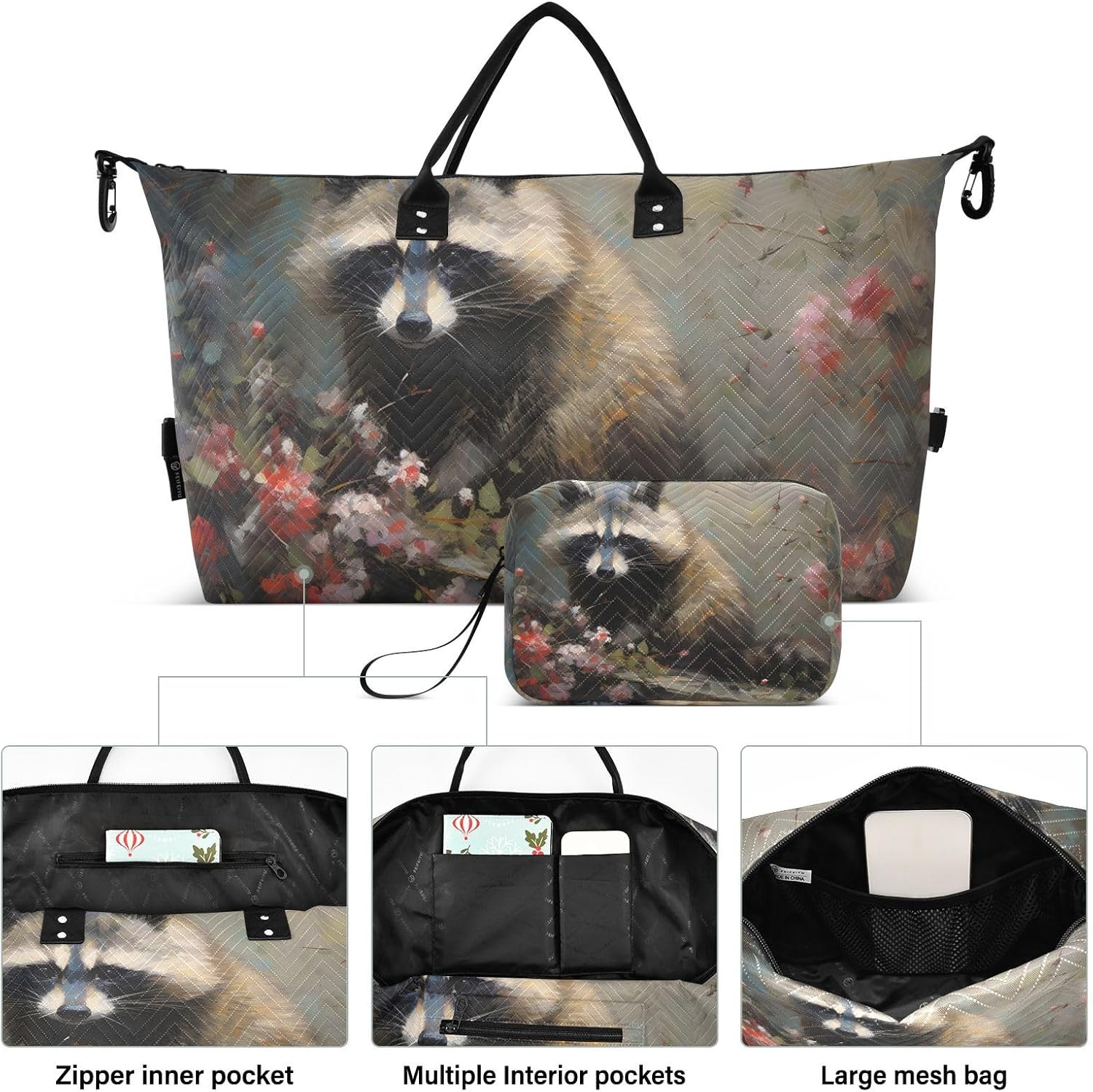 WOIWB Duffel Bag Set with Toiletry Bag for Travel Gym Sport, Luggage Sleeve Weekender Bag Carry on Overnight Bag-Paint of Raccoon Print, Multicolor, 20.5 X 7.9 X 13.8 Inches+9.1 X 3.5 X 5.9 Inches image number 6