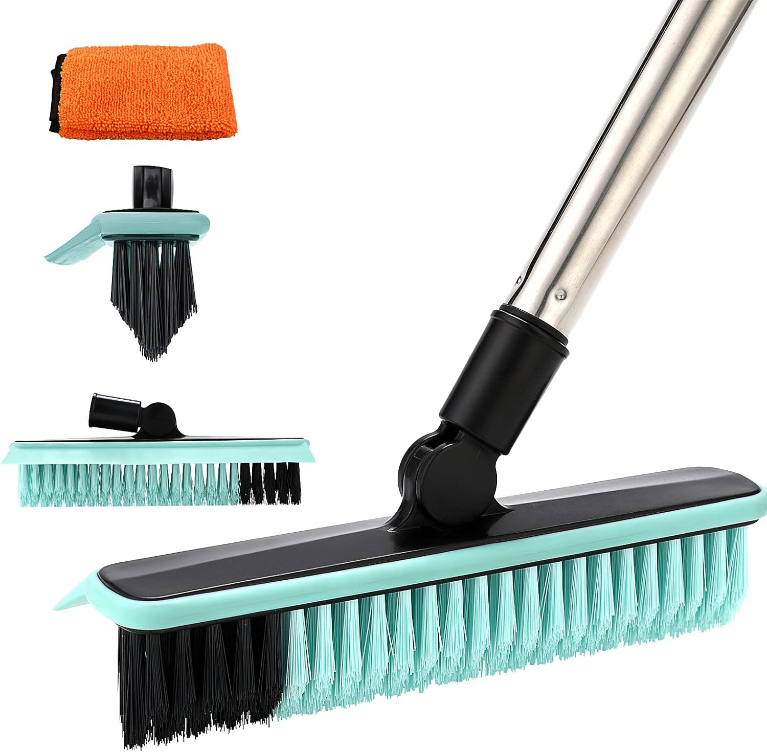 Homilifibra 2 in 1 Floor Scrub Brush Grout with 57.8'' Long Handle,120&deg;Rotatable Shower Tile Scrubber,Kitchen Bathroom Crevice Squeegee,V-Shaped Corner for Hard to Reach Areas Black&Orange