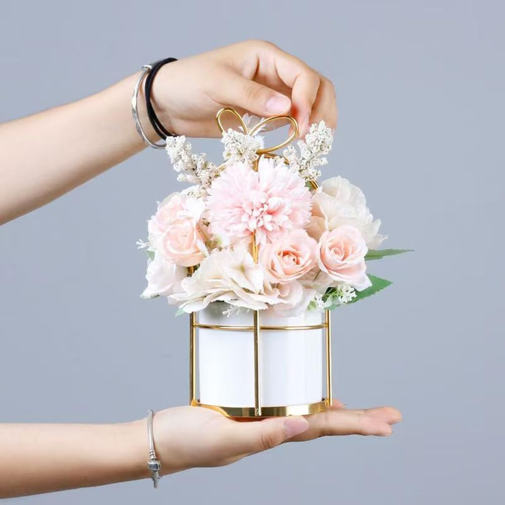 Hbluefat Fake Flowers in Vase, Fake Artificial Flowers with Ceramics Vase, Small Silk Floral Arrangement for Home Office, Coffee Dining Table Centerpiece Decor (Liya Yellow, Gold) image number 2