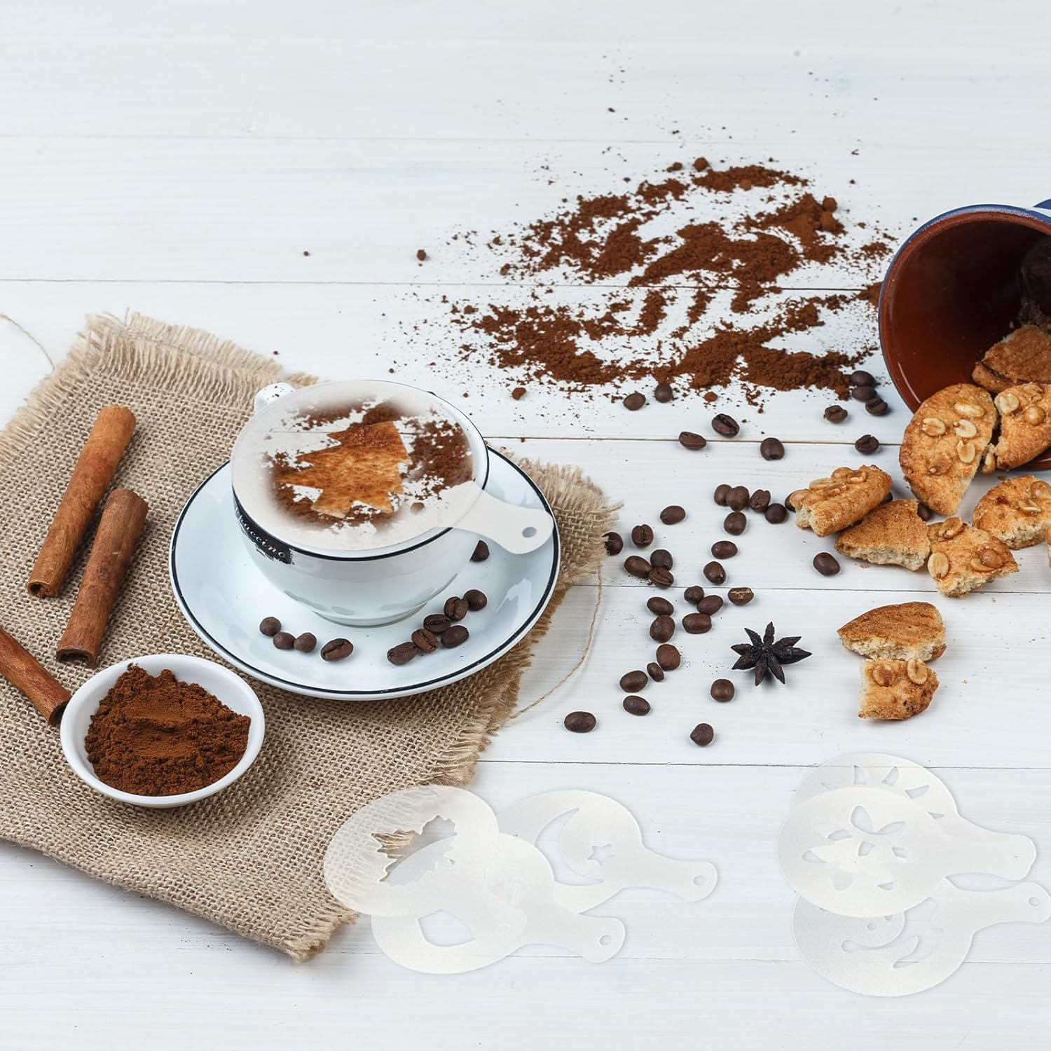 NILLOS Latte Art Template, 16 PCS Coffee Decorating Stencils for Cappuccino, Cookie Drawing (Assorted Styles) image number 1