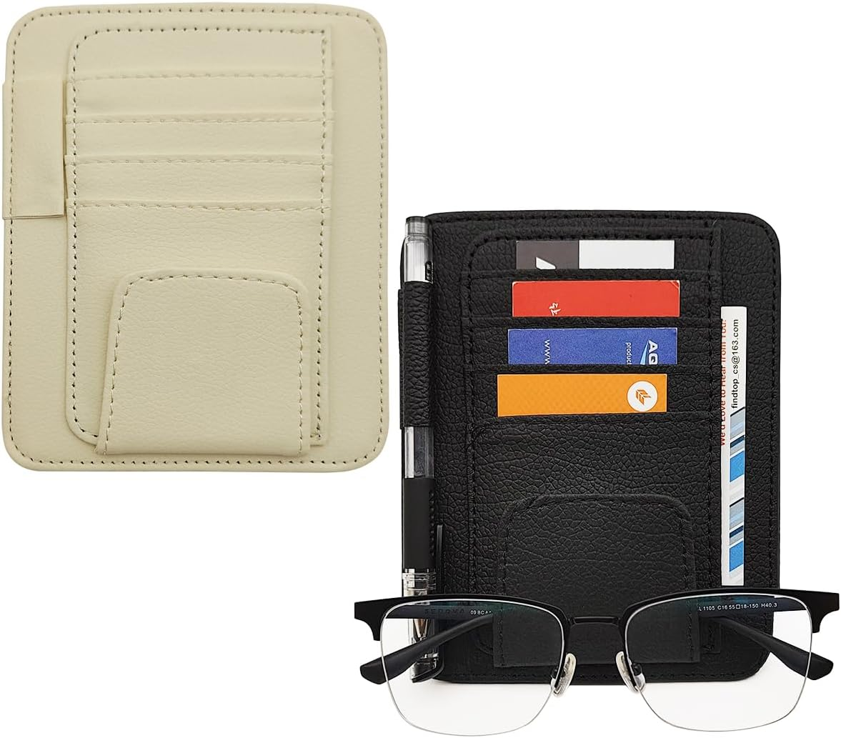 SENHAI Car Sun Visor Organizer for Car, 2 Pcs Small Leather Car Card Sleeve Pocket Organizer, Car Visor Organizer Storage Pouch for Hold Card, Sunglass Holder, Pen (Beige & Black)