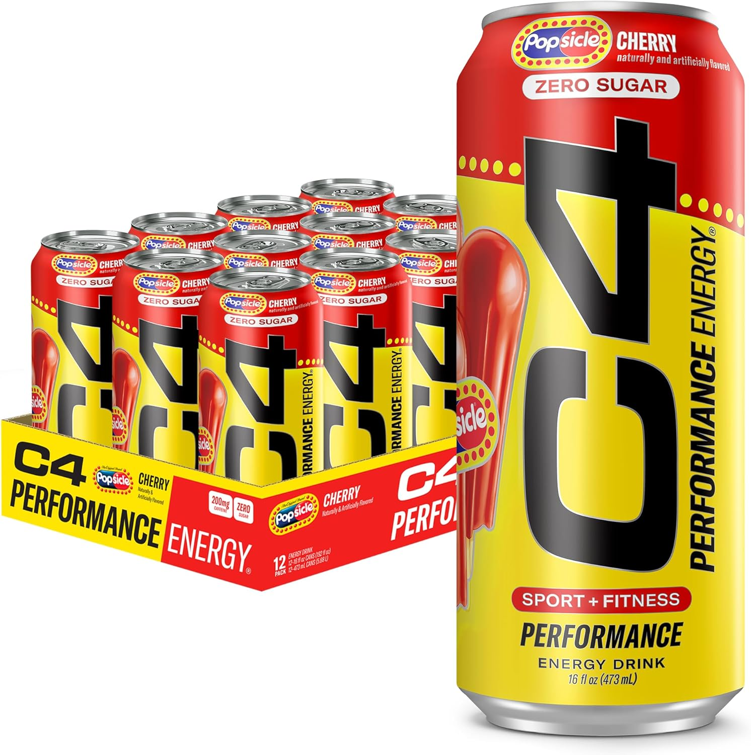 C4 Energy Drink X Cherry Popsicle, Carbonated Sugar Free Pre Workout Performance Drink with No Artificial Colors or Dyes, 16 Oz, Pack of 12 image number 1