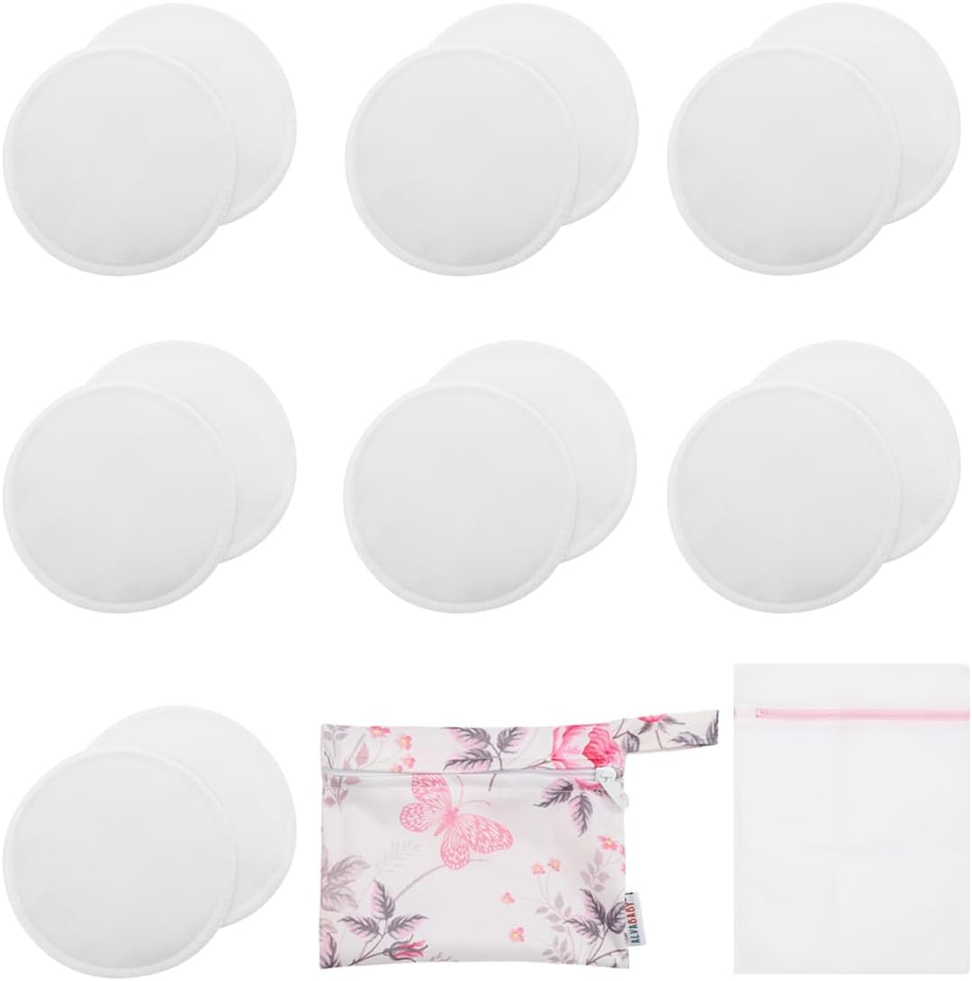 ALVABABY Nursing Pads 4 Layer Bamboo Breast Pads Soft Absorbent Maternity Reusable Pads round Breastfeeding for Mothers Flat Bottom 4.72 Inch 14 Packs Washable Breastfeeding Pads Sets 14RDB03-AU