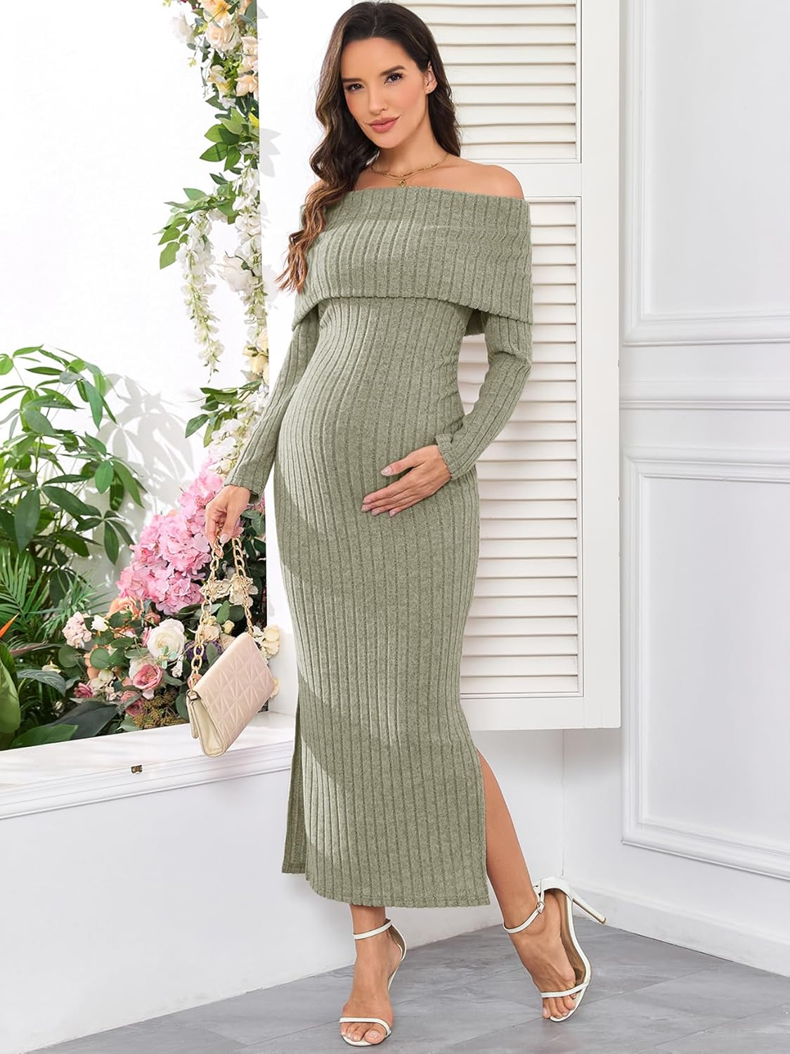 Maternity Sweater Dress off the Shoulder Rib Knit Long Sleeve Dresses with Side Slit for Pregnancy Baby Shower image number 1