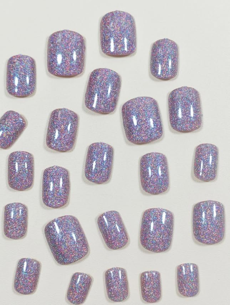 Press-On Nails, Classic Square, 24 Pieces, Reusable Nails with Protective Coating, Trending, Luxury (Dark Glitter - Square round - Holographic Glitter) image number 4