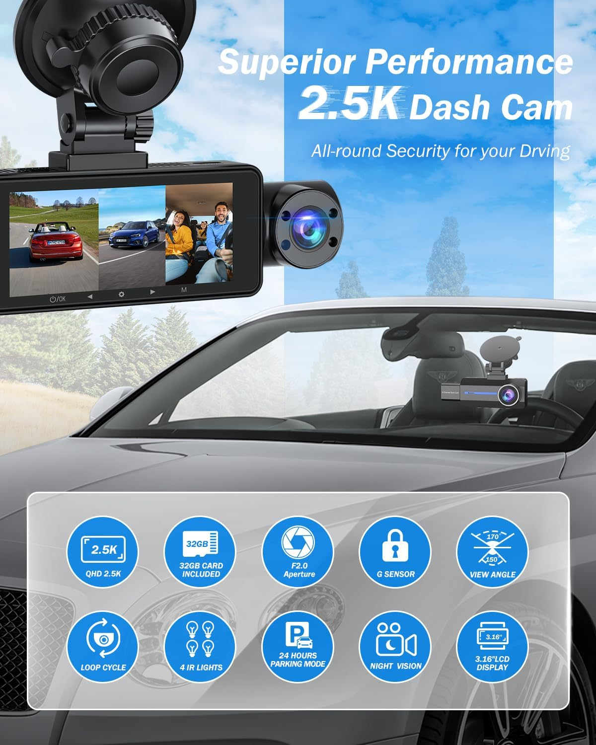 3 Channel 2.5K Dash Cam, 1440P Dash Cam Front and Rear Inside, Dash Camera for Cars, Triple Car Camera with 32GB Card, G-Sensor, 24Hr Parking, 170&deg;Wide Angle, Loop Recording, IR Night Vision, Blue image number 1