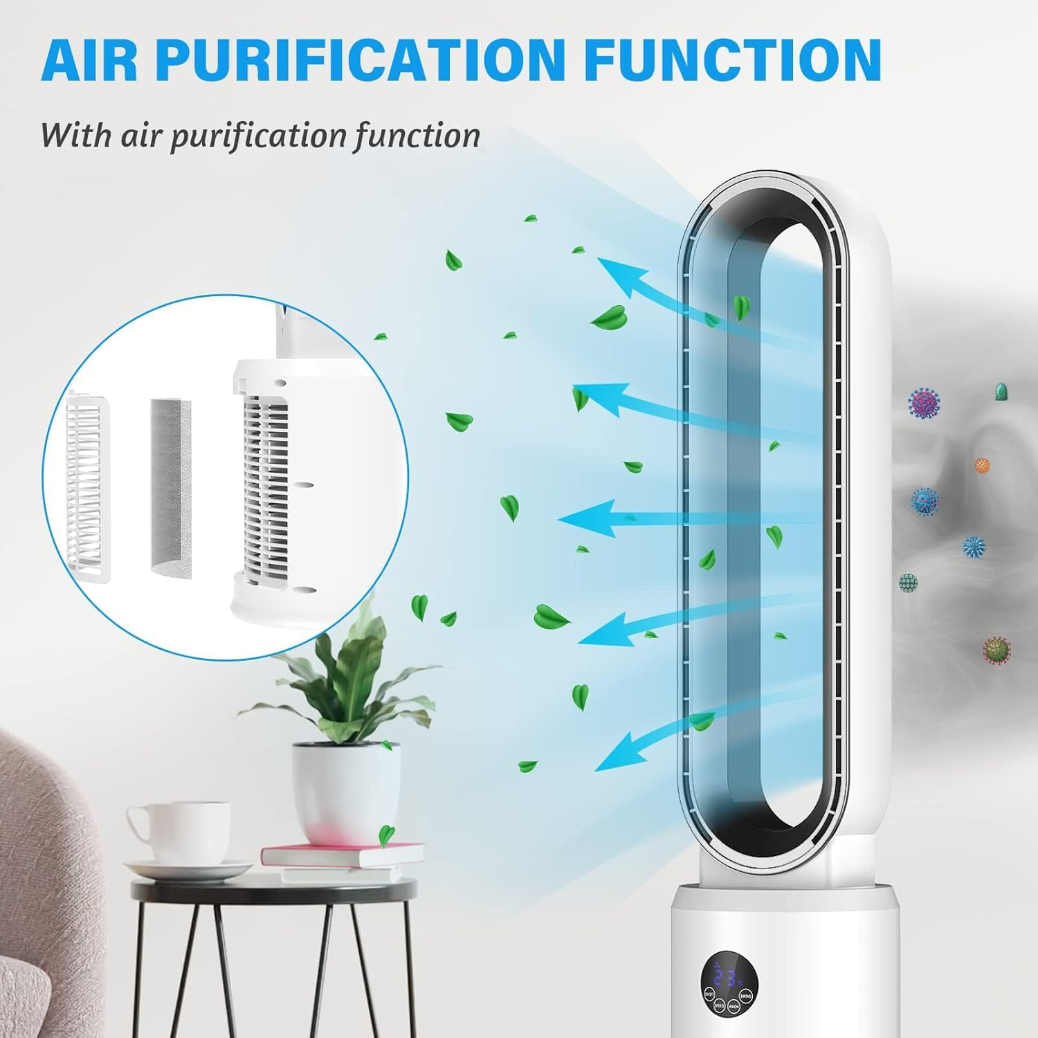 Advwin Bladeless Fan, Portable Tower Fan Electric Airflow Purifying Fan, with 24 Speeds Setting, 12H Timing, Suitable for Room, Bedroom & Office Use, White image number 1