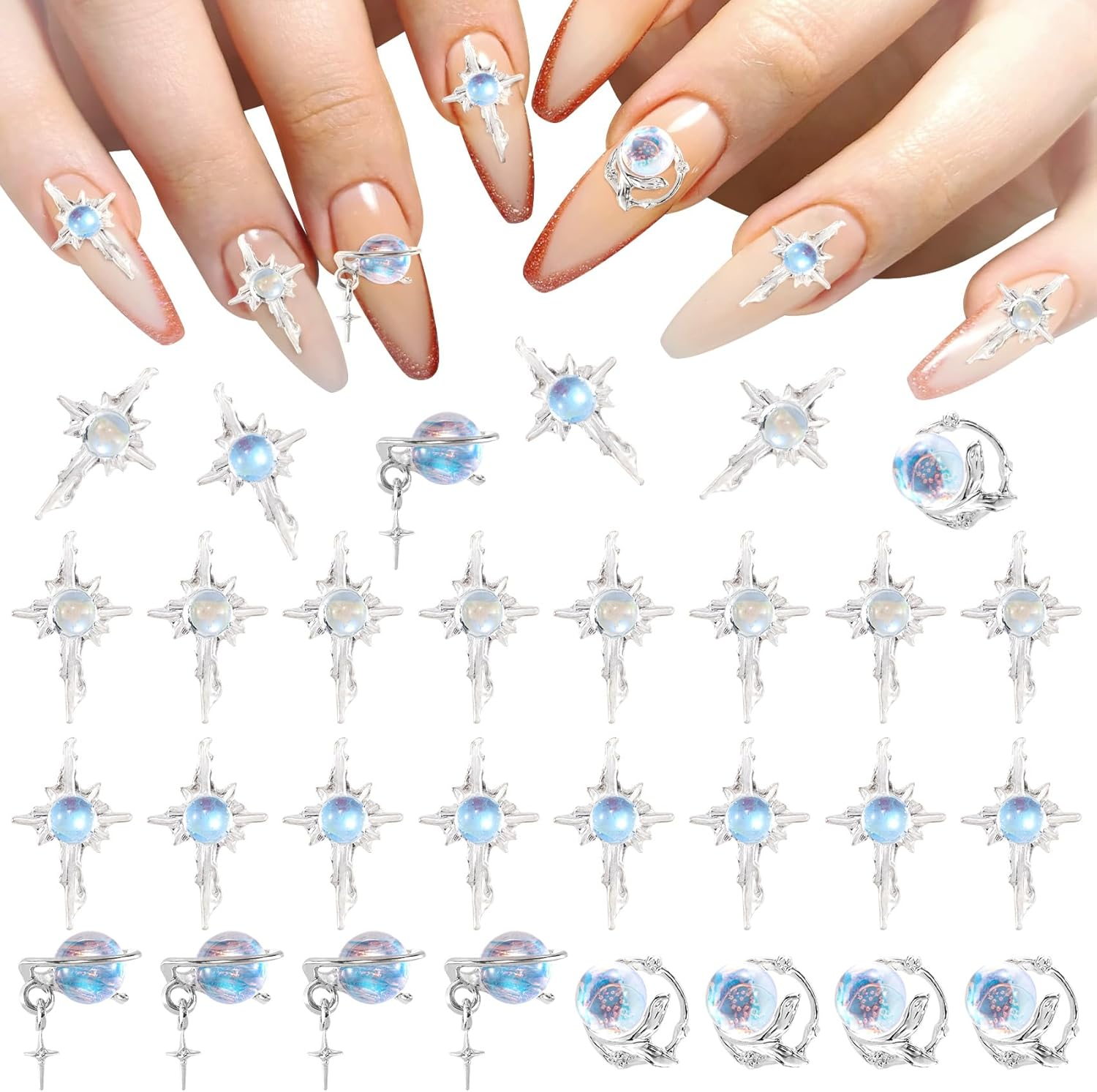 30Pcs 3D Planet Nail Charm Mermaid Eye Charm for Acrylic Nails Sliver Blue Alloy Cross Rhinestones Valentines Wedding Y2K Jewels Gems for Phone Cases Hair Clips image number 3