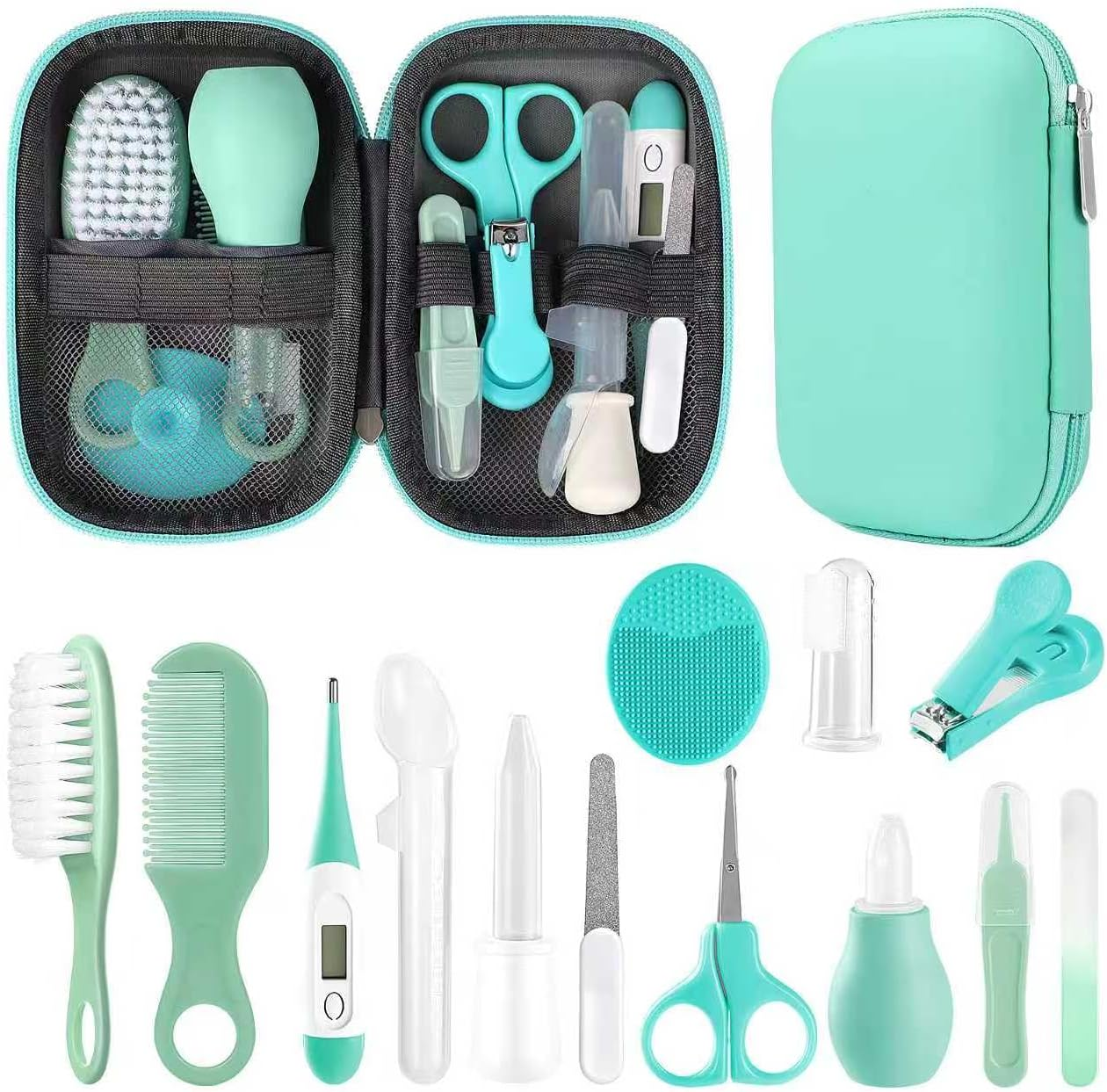 WXA Baby Grooming Kit, Infant Safety Care Set with Hair Brush Comb Nail Clipper Nasal Aspirator,Baby Essentials Kit for Newborn Girls Boys (Green Baby Grooming Kit)