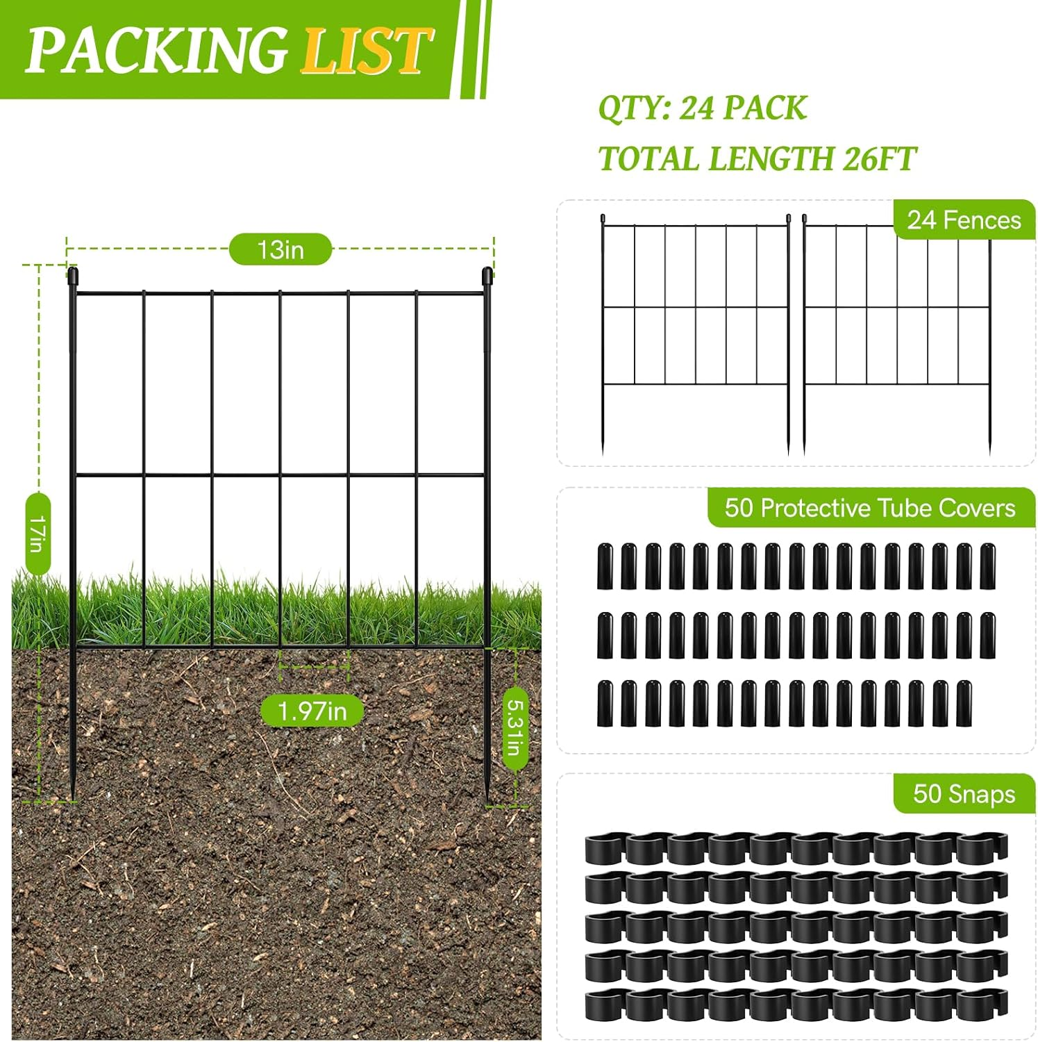 NEYCIL Garden Fence Animal Barrier, 24 Panels Edging Decor 17In(H) X 26Ft(L), Rectangle Garden Fencing Stackable 12 Panels 32In(H) X 13Ft(L) No Dig Dog Fence for Yard, Patio, Outdoor image number 3