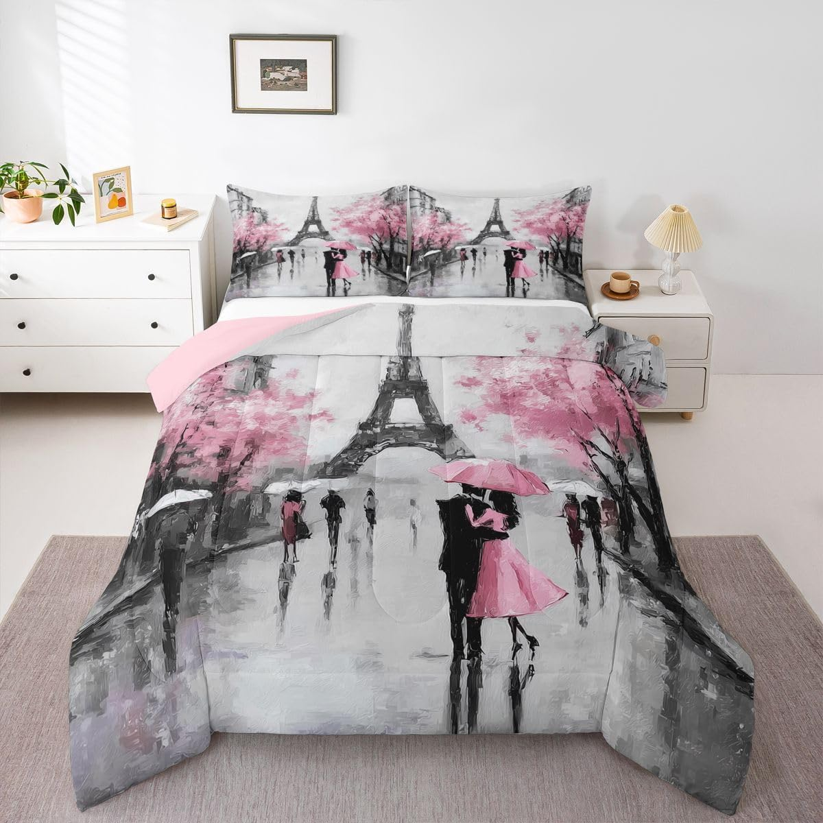Erosebridal Eiffel Tower Comforter Sets Full Size,Pink Flowers Umbrella Bedding Set for Kids Girls Teens Women,Romantic Paris Duvet Sets,Retro City Building down Comforter with 2 Pillow Cases Grey