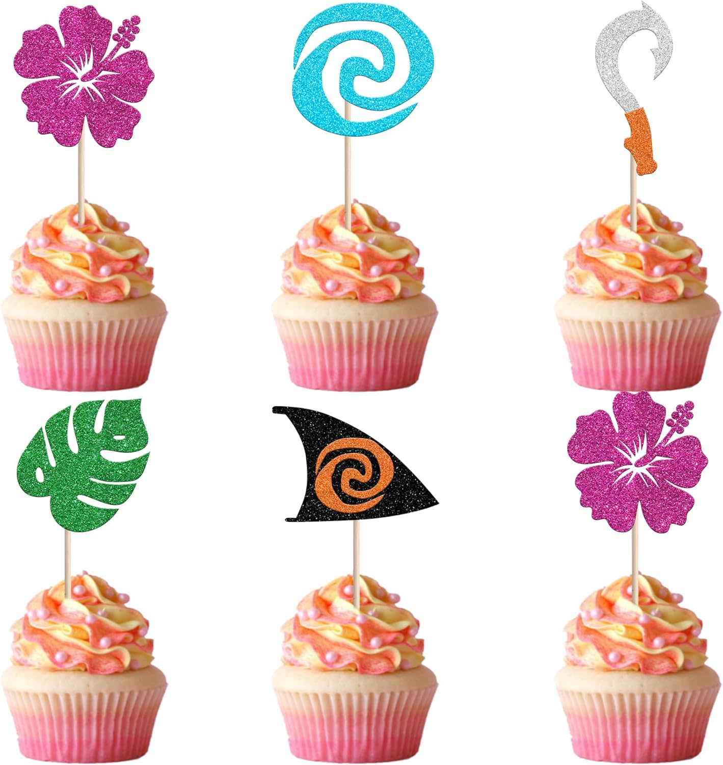 30 Pack Moana Cupcake Toppers Glitter Palm Monstera Leaf Flower Cupcake Picks for Tropical Hawaiian Luautheme Baby Shower Kids Birthday Party Cake Decorations Supplies (#1)