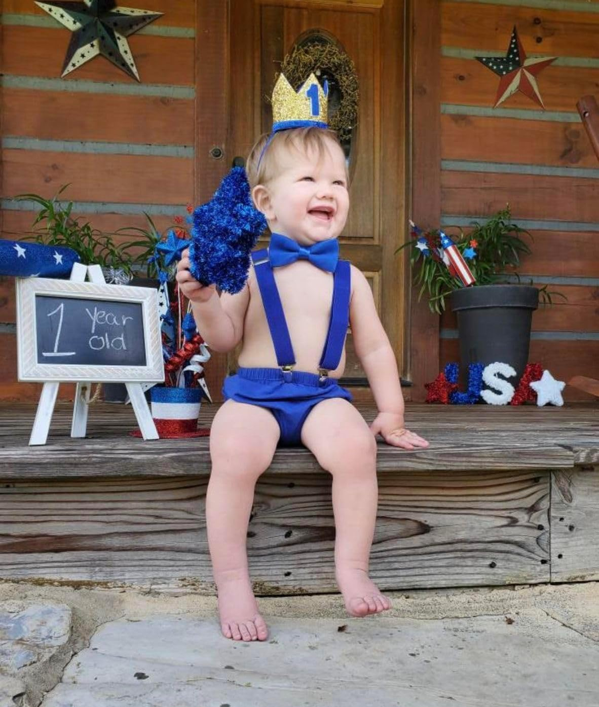 WELROG Baby Boys First Birthday Cake Smash Outfit Bow Tie Suspenders Bloomers Birthday Hat Sparkle Gold image number 4