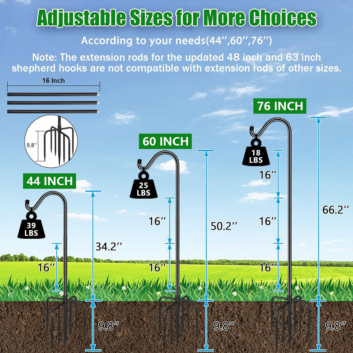 Feed Garden [Upgrade Version Adjustable Shepherds Hook Bird Feeder Pole with 7 Prongs Base, 76 Inch Tall Heavy Duty Outdoor Garden Poles for Hanging Bird Feeders, Plant Baskets, Black (1 Pack) image number 5