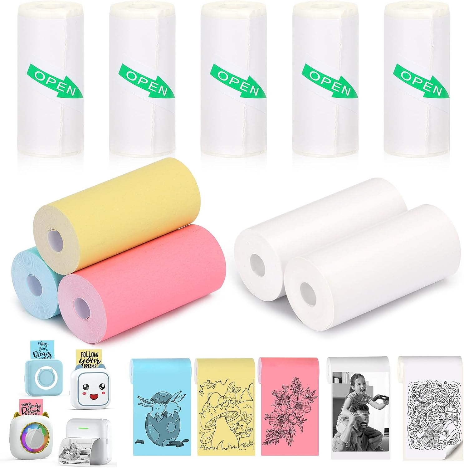 10 Rolls Thermal Mini Printer Paper for Inkless Mini Printer, 5 Rolls Thermal Sticky Paper & 5 Rolls Thermal Plain Paper, 57X25Mm, for Notes Journal Memo Photo Study