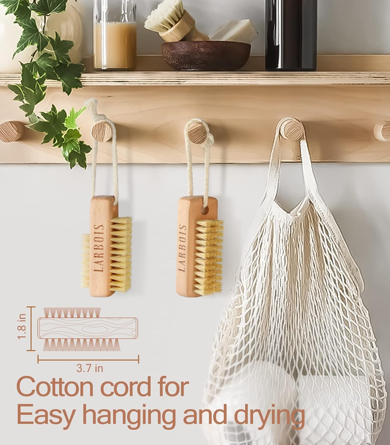Larbois Nail Brush for Cleaning Fingernails, 2Pack Wooden Nail Brushes Fingernail Brush for Cleaning Nail Scrub Brush Two-Sided with Hanging Rope (Beechwood) image number 4