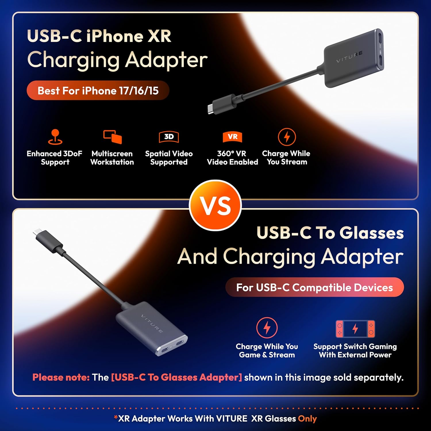 VITURE USB- C XR Charging Adapter for USB-C Iphone, Enabling Multi-Screen, Enhanced 3Dof, Spatial 3D, VR Video Features, Fits Iphone 17/16/15, Charge and Play for Other Devices image number 2