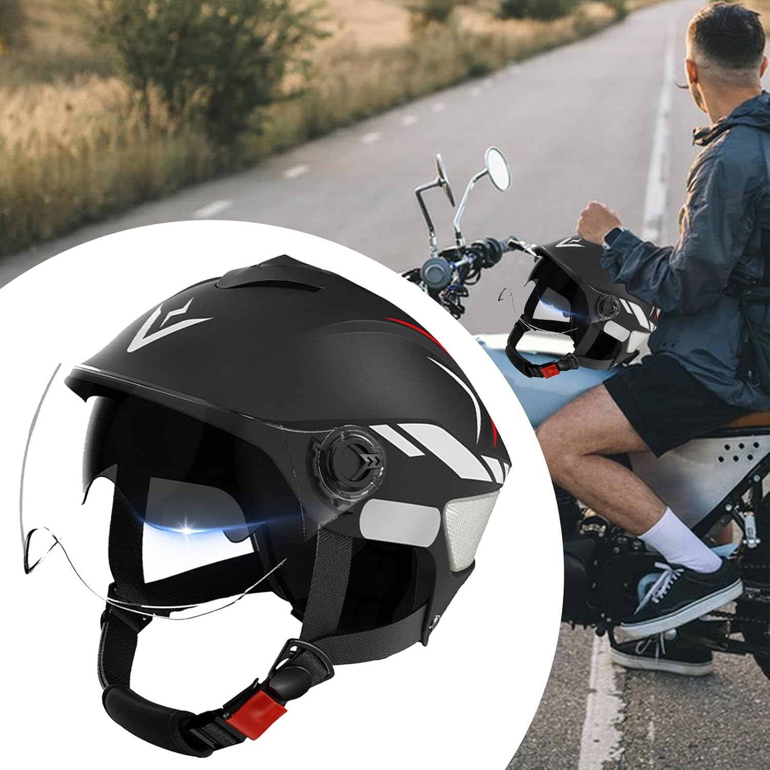 Helmet for Motorcycle - Double Visor Scooter Helmet for Adult - Adjustable Fit Riding Gear, UV Block Hard-Shell Hat for Wife Husband Son Family Men Friends - Black image number 2