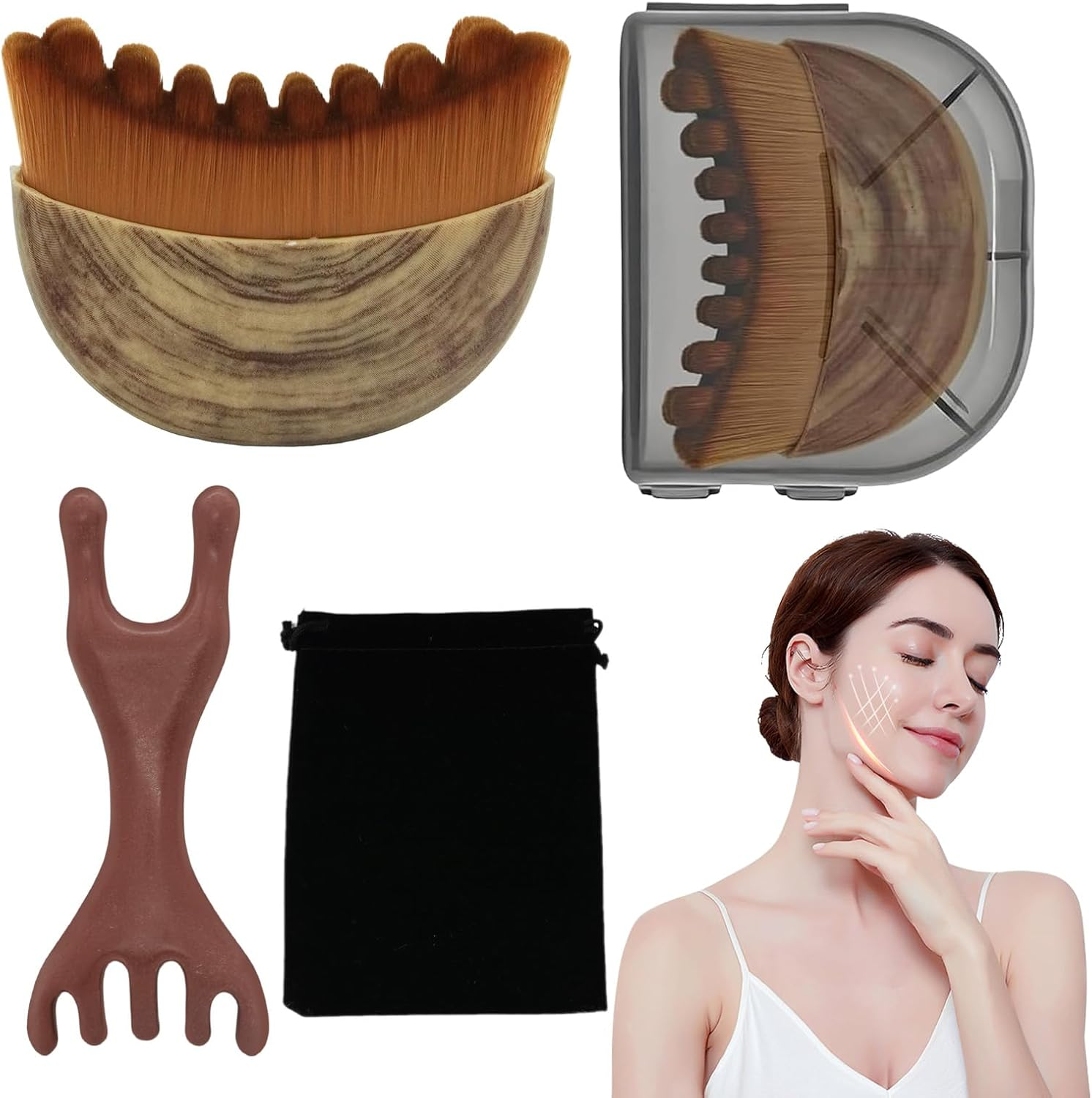 Lymphatic Face Brush, Lymphatic Contour Face Brush with 1 Massage Comb, Lymphatic Drainage Massager Chin and Jaw Shaping Facial Cleansing, Dry Face Brush (With Storage Bag)