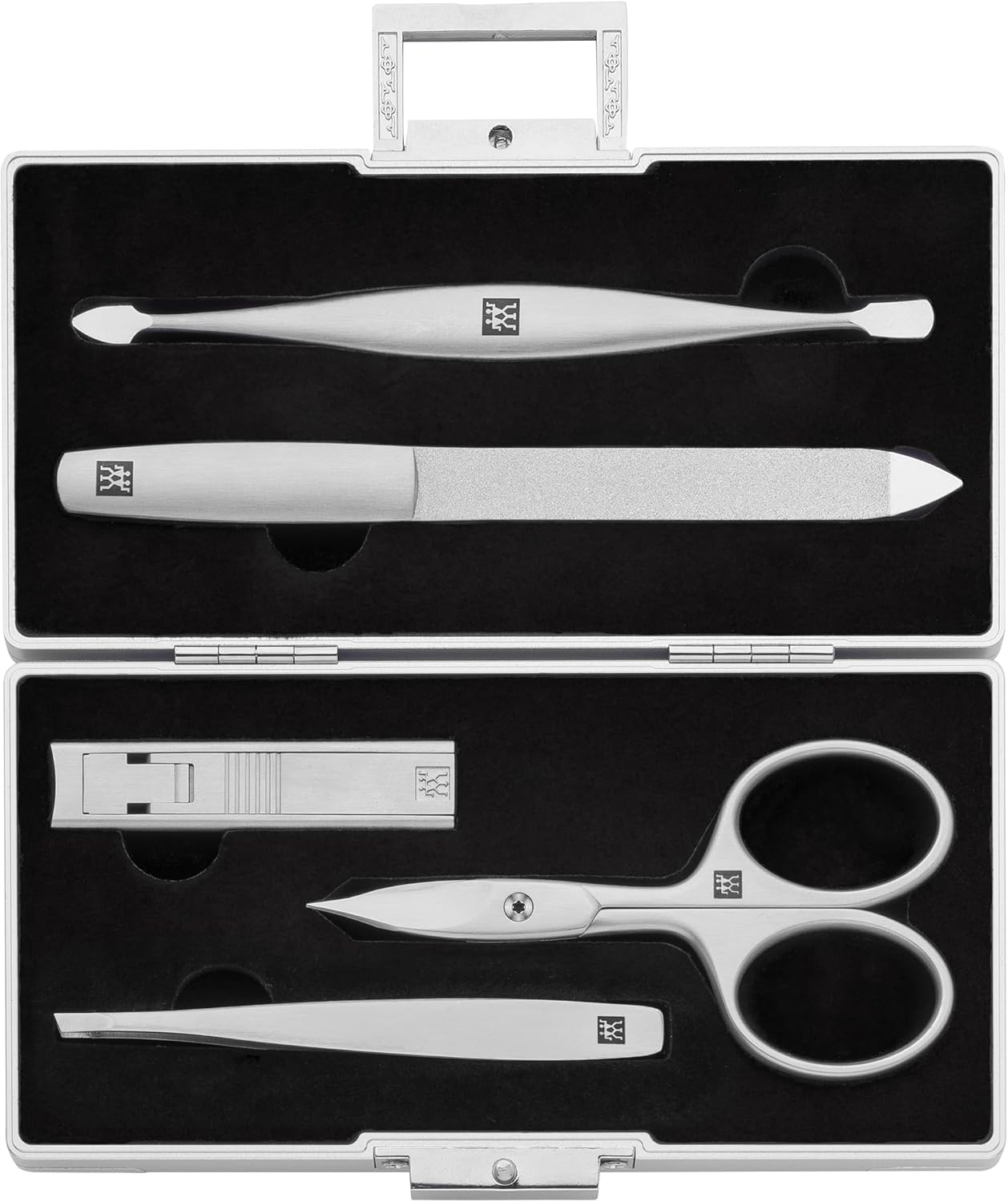 ZWILLING Manicure Set (5 Pieces, Aluminium Case for Nail Care and Pedicure, Velvet Inlay with Compact Nail Clipper), Premium, Black