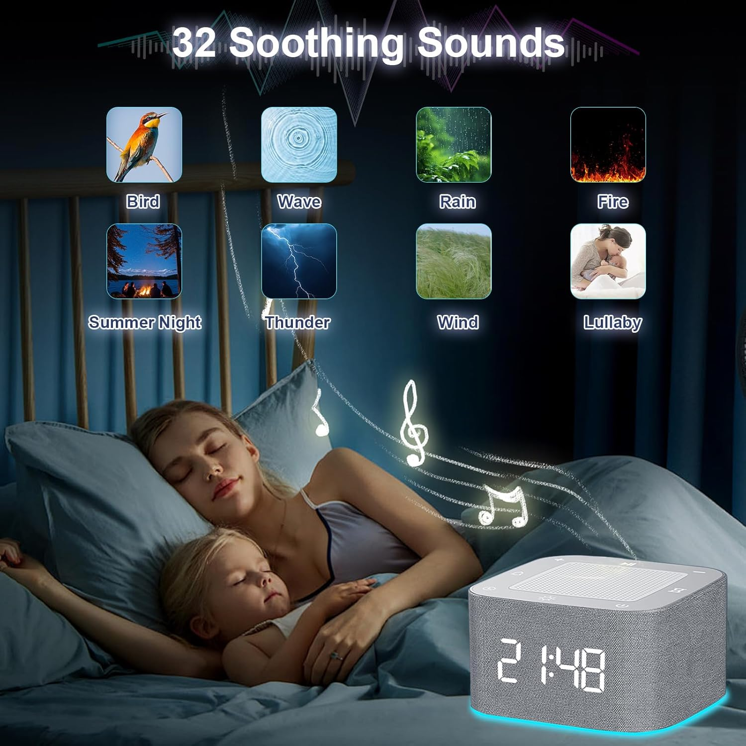 Sound Machine Alarm Clock for Baby Adult, 32 Soothing Sounds White Noise Machine APP Control, Night Lights Bluetooth Speaker, Noise Machine with Dimmable Clock for Kids Teens image number 6