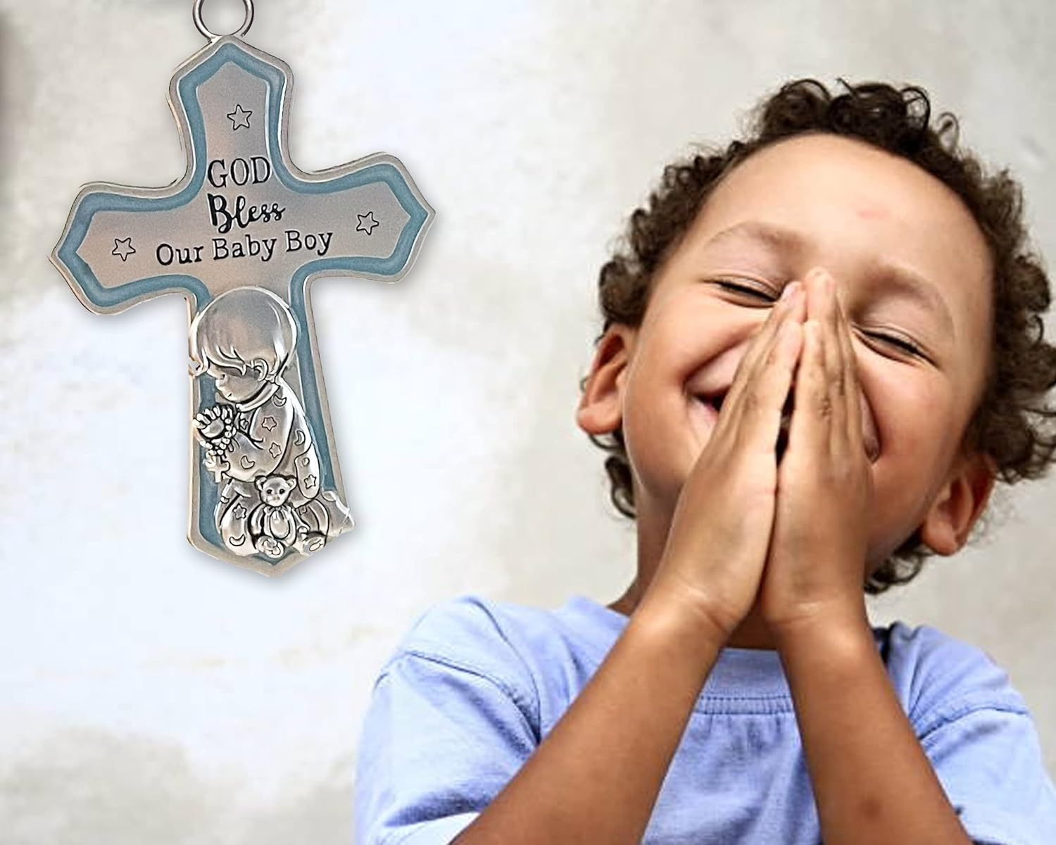 Ganz Ornate Crib Cross Baby Boy Baptism Gifts for Boy, Christening Gifts for Boys, Baptismal Gifts for Boys, Baby Shower Crib Medal Praying Boy, God Bless Our Baby Boy Nursery Wall Cross D&eacute;cor