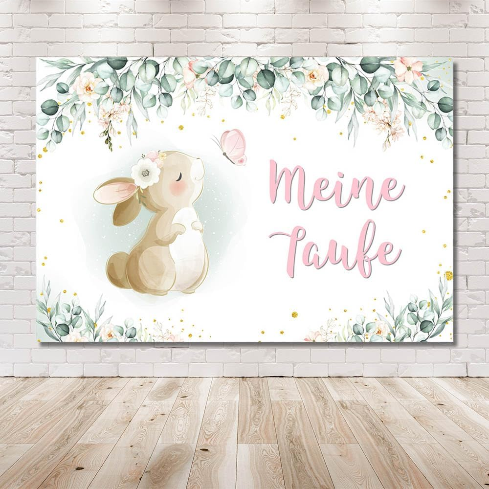 MEHOFOND 2.1 X 1.5 M My Christening Background Rabbit Butterfly Eucalyptus Leaves Flowers Background Boys Girls Newborn Baby Shower First Communion Christening Party Banner Photo Props image number 1