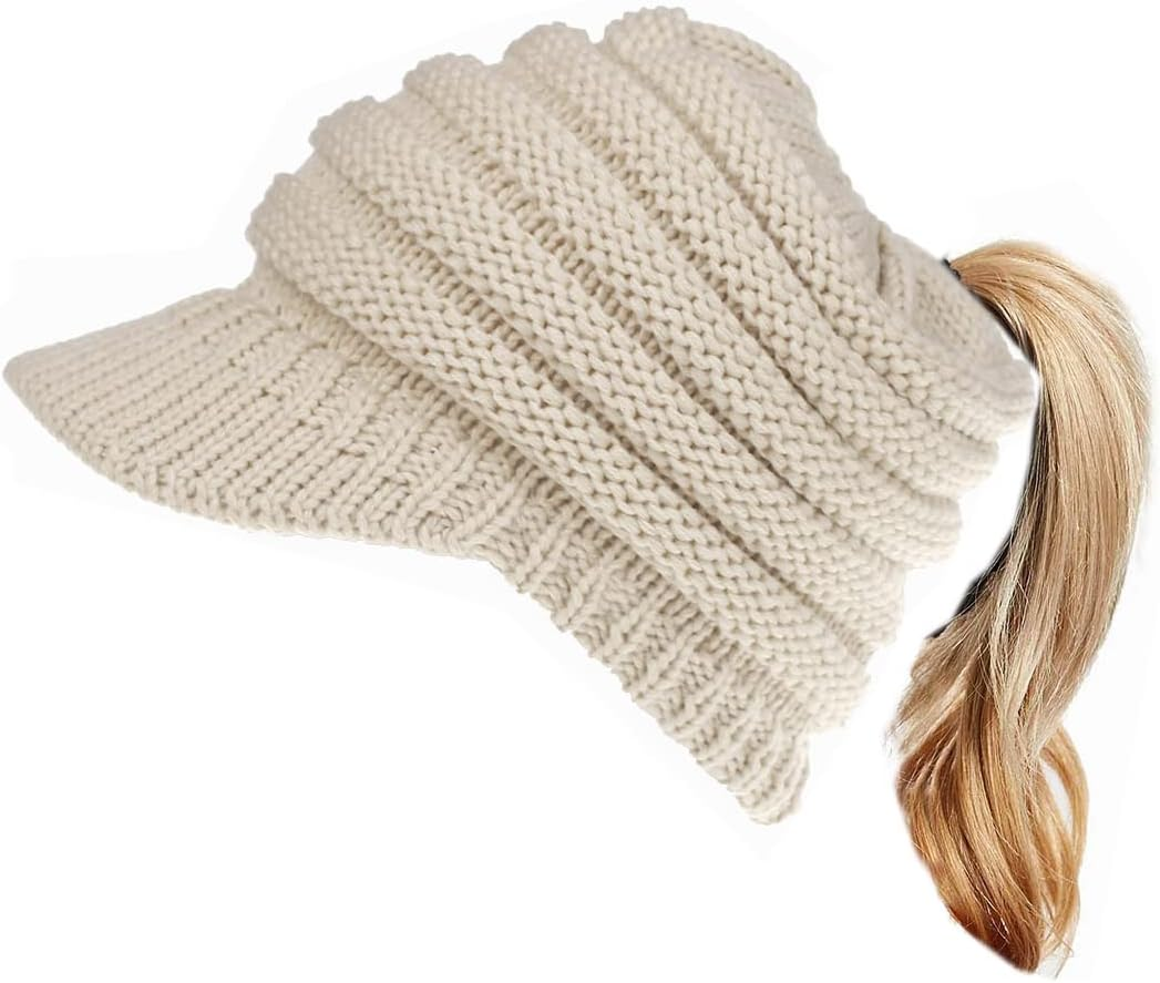 Eachwell Women Cable Knit Beanie Cap Soft Stretch Messy High Bun Winter Ponytail Hat