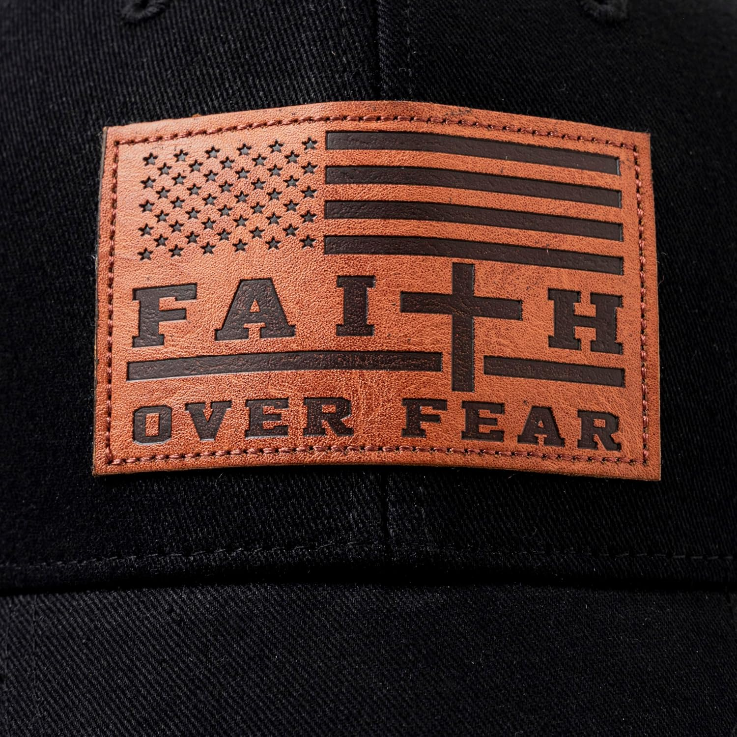 Christian US Flag Hat for Men Women, Faith over Fear Cross Hat, Jesus USA Flag Leather Patch Adjustable Baseball Cap - Christian-Embroidered image number 2