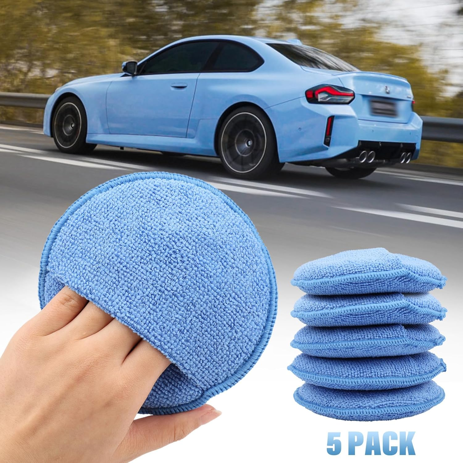 Viiotu 5 Pcs Wax Applicator Pads - 12.5Cm/4.92In - Car Polishing Pads with Finger Pockets, Car Wash Buffing Kit for Car Cleaning and Fine Polishing