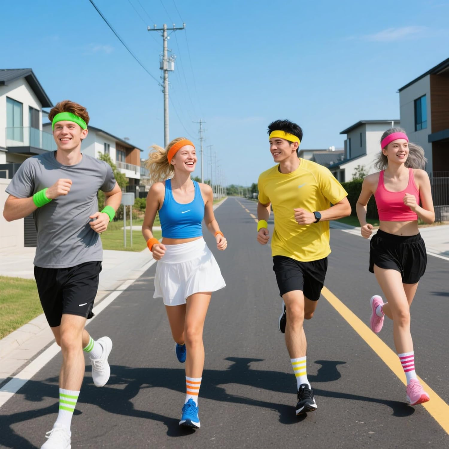 4 Sets Sweatbands Striped Socks Set 80S Headband Wristband Cotton Sock Colorful Sweat Bands Sports Athletic Accessory for Workout Mardi Gras Women image number 2