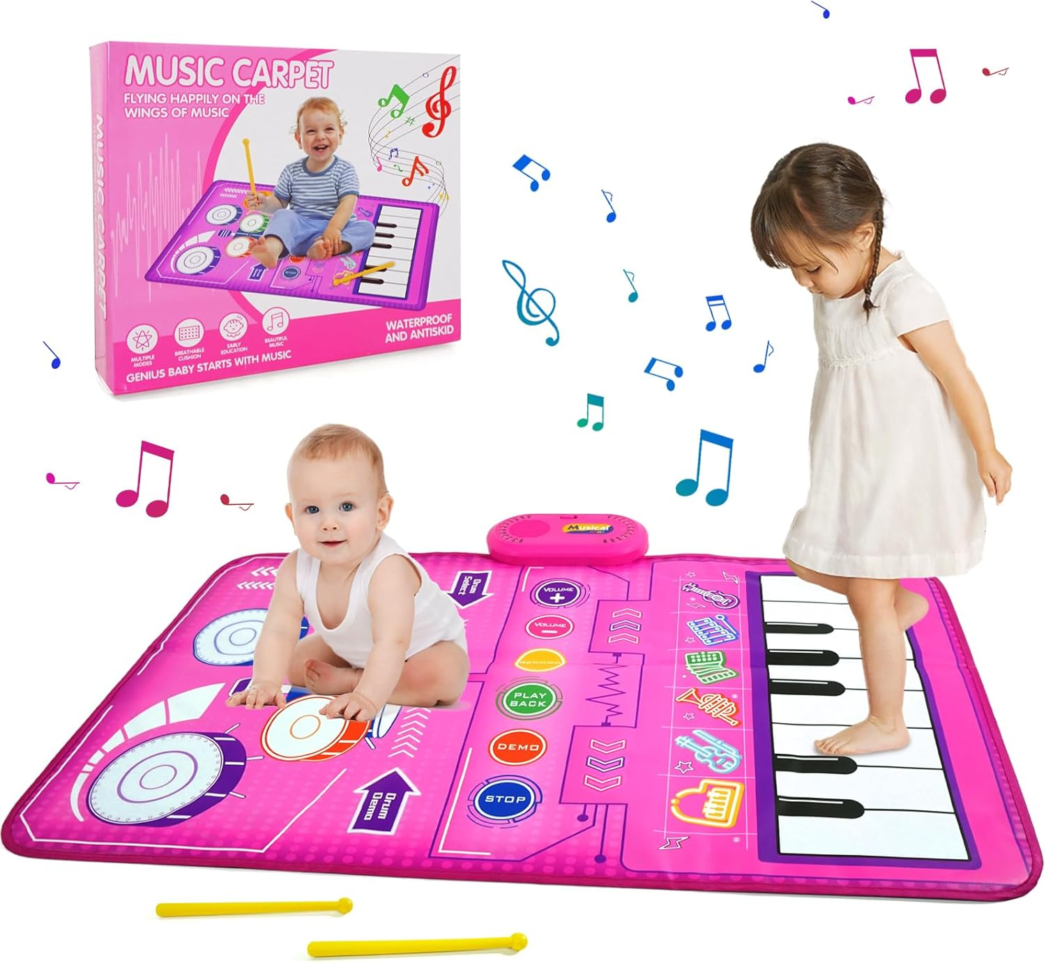 Musical Toys for Toddlers 3+ Piano Keyboard & Drum Mat, Music Sensory Play Mat Baby Toys for 3 Year Old Developmental Toddler Girl Toy Age 3+ Birthday Valentines Gifts for 3+ Year Old Girls Present image number 2