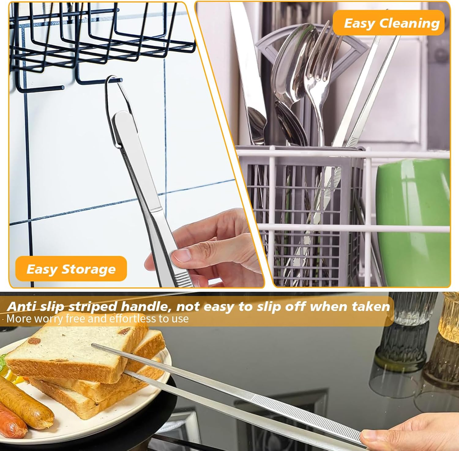 2PCS Professional Stainless Steel Cooking Tweezers Chef-Grade Food Utensil Tongs for Plating, BBQ, Frying Fish Heat-Resistant Kitchen Utensil with Ergonomic Handle Kitchen Tweezers Tongs (2) image number 6