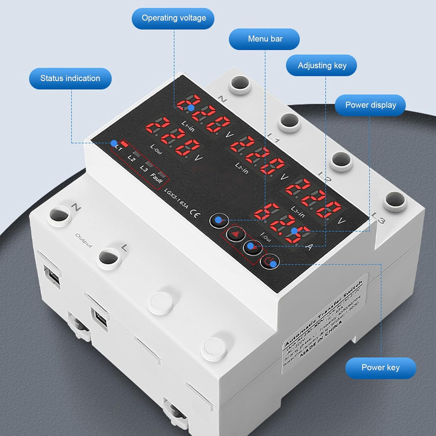 Automatic Transfer Switch, 63A 3P4W LED Display Adjustable Voltage Protector, Single Phase Generator Automatic Transfer Switch, Power Management for Indoor Outdoor Use (AC220V) image number 4