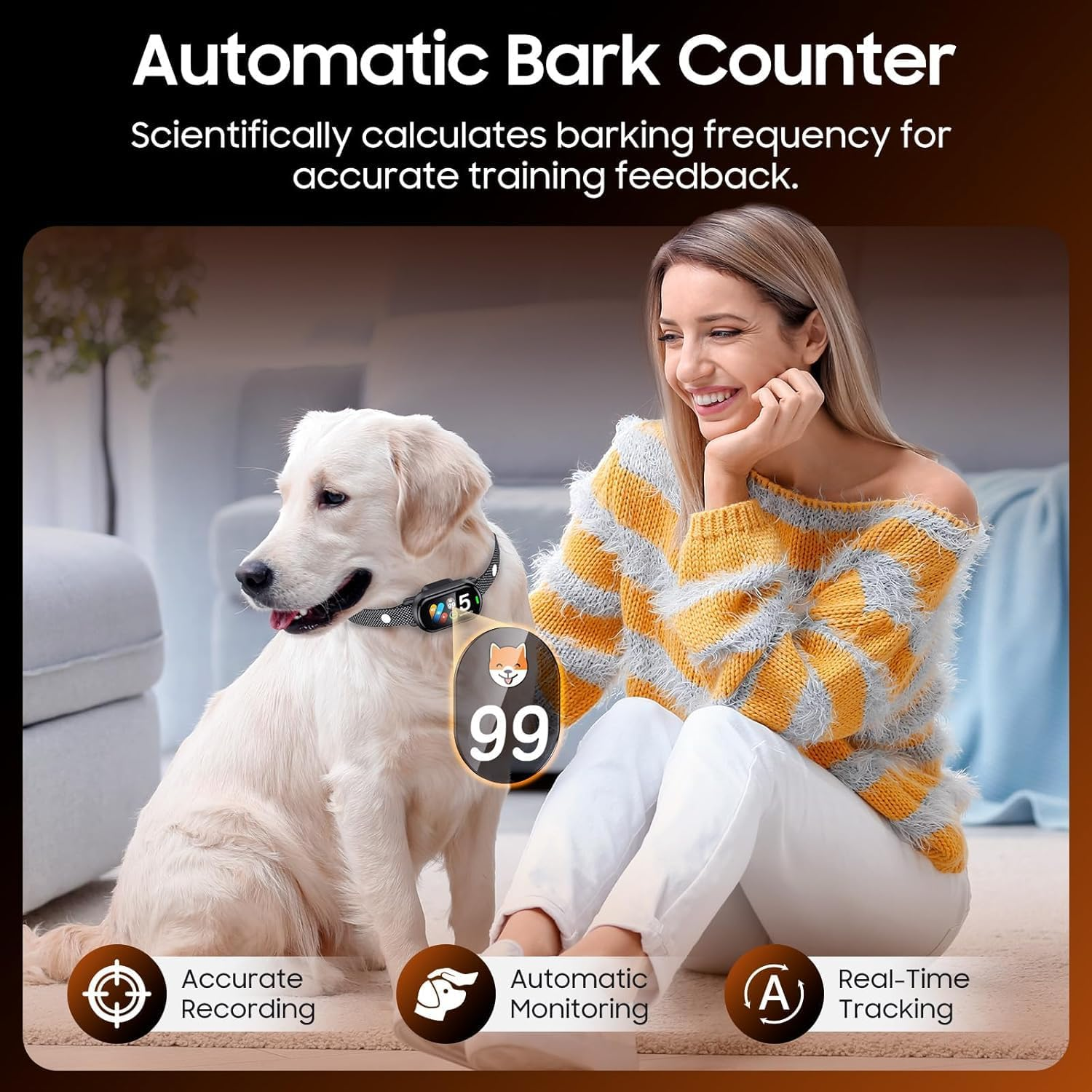 SBERAY Dog Barking Collar, Automatic Bark Collar with Beep, Vibration, 5 Sensitivity Levels, Bark Counter, Waterproof anti Shock Bark Collar for Small Medium Large Dogs 3.6-55Kg image number 6