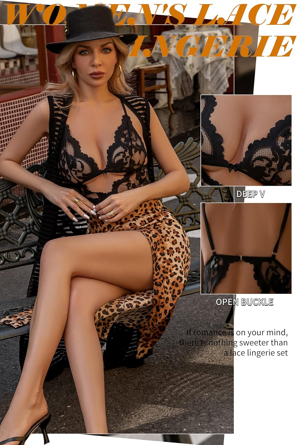 Women'S Lace Lingerie Sexy Naughty Teddy See through Doll Deep V Neck Backless One Piece Bodysuit, Black, Medium, Black, Medium image number 5