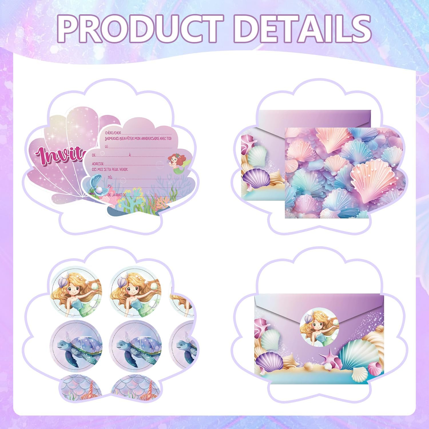 12 Sets Birthday Invitations Girl with Envelopes, Funcyboo Mermaid Party Invitations with Stickers Shell Mermaid Invitation Kit for Girls Party Supplies Kids Birthday Baby Shower Party