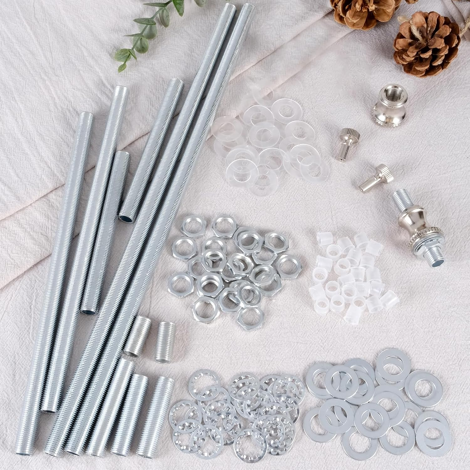 Lamp Repair Hardware Assortment,All Thread Pipe Lamp Rod,Includes Lamp Nipples,Coupling Pipe Connectors,Switch Knobs,Washers & Lock Nuts (Silver Color/Including 12 Inch Lamp Rod Kit, 136) image number 4