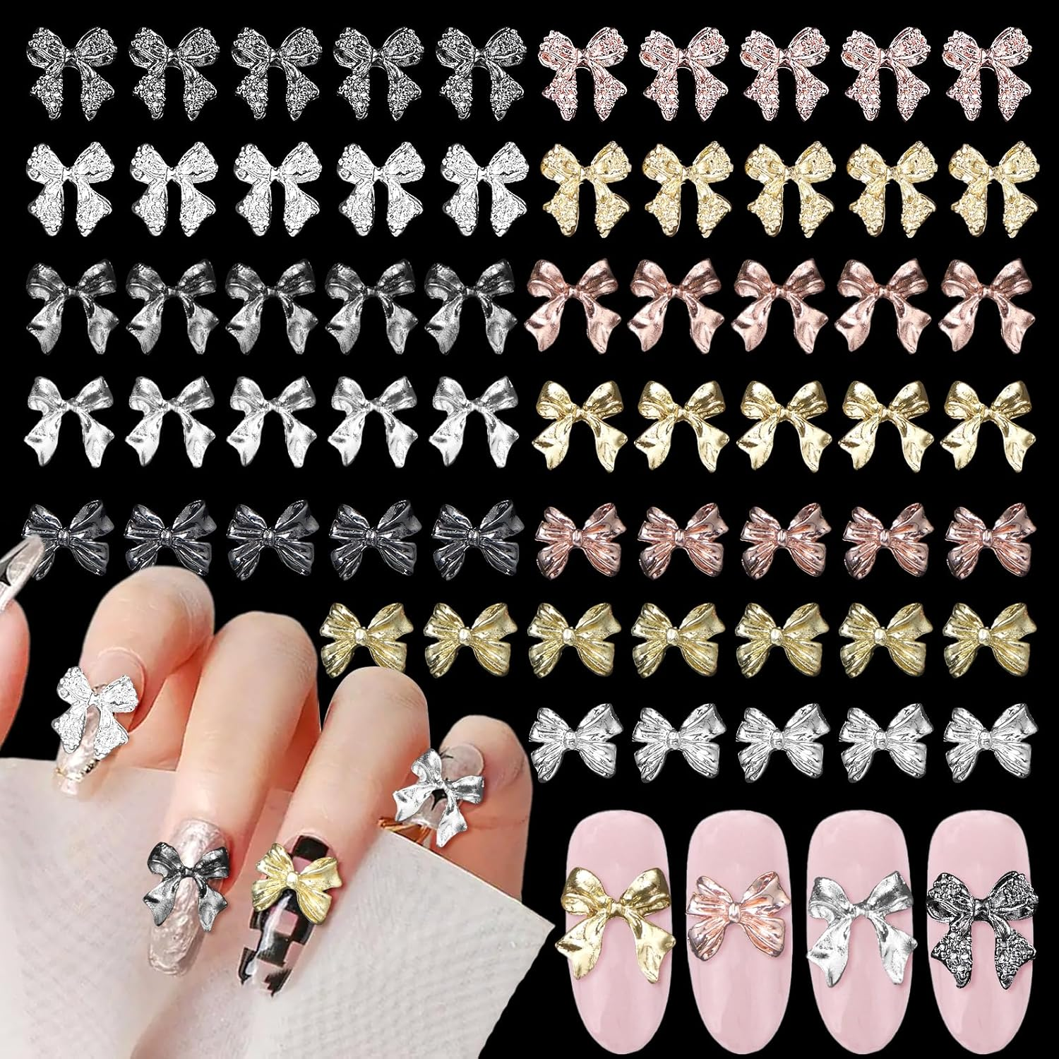 60 Pcs Metal Bow Nail Gems Charms, 3D Alloy Bow Bowkont Nail Charms for Acrylic Nails, 12 Styles Silver Gold Black Bows Nail Art Charms, Bow Nail Jewelry for Nails DIY Y2K Decoration image number 5